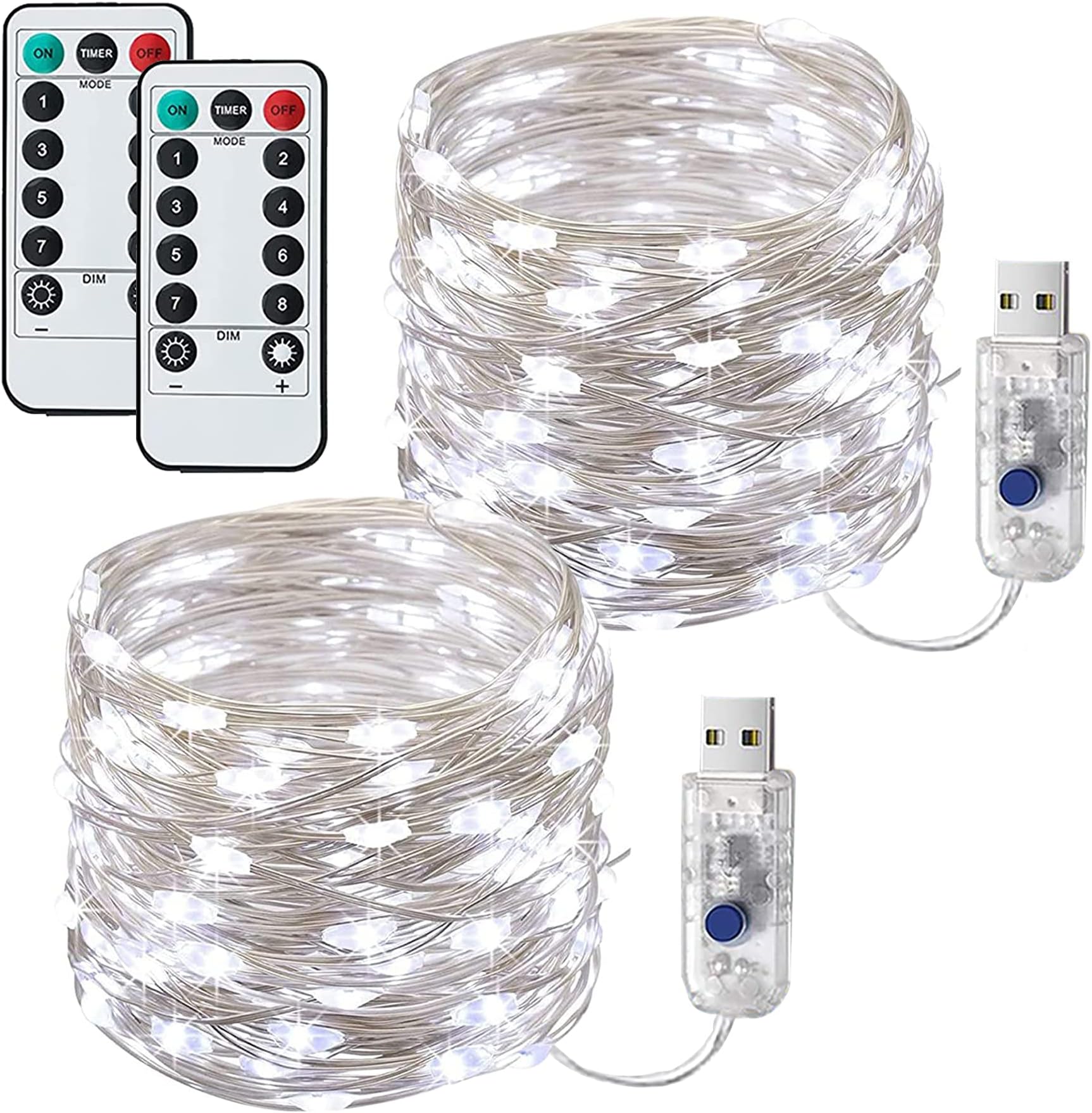 [2 Pack] Fairy String Lights, 12M 120LED USB Operated Copper String Lights Waterproof with 8 Modes Remote Timer for Outdoor/Indoor Bedroom, Wedding, Party, Christmas, Festival Decorations(Cold White)