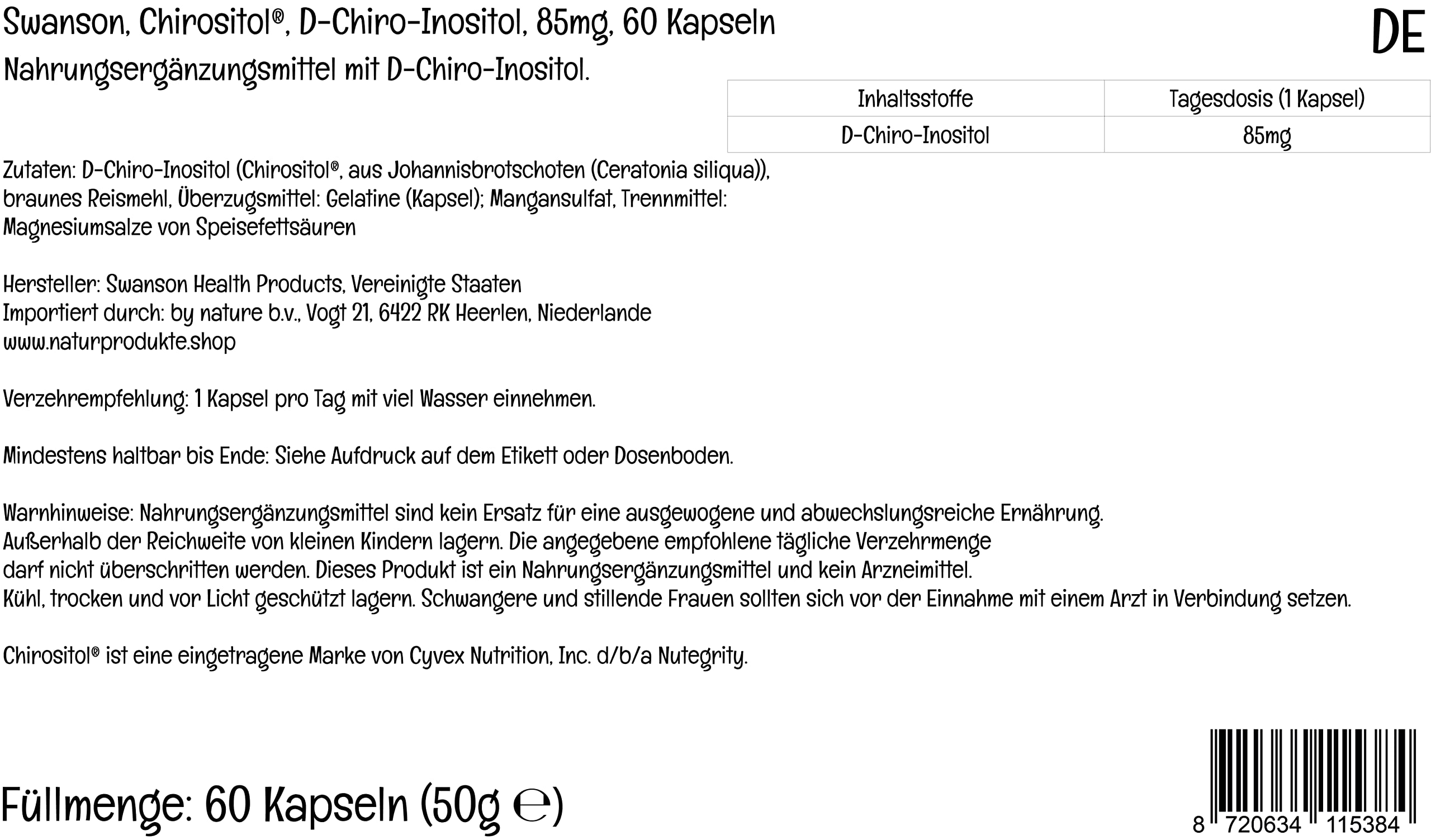 Swanson D-Chiro-Inositol, 85mg, 60 capsule, Testato in Laboratorio, Senza Soia, Senza Glutine, Non OGM