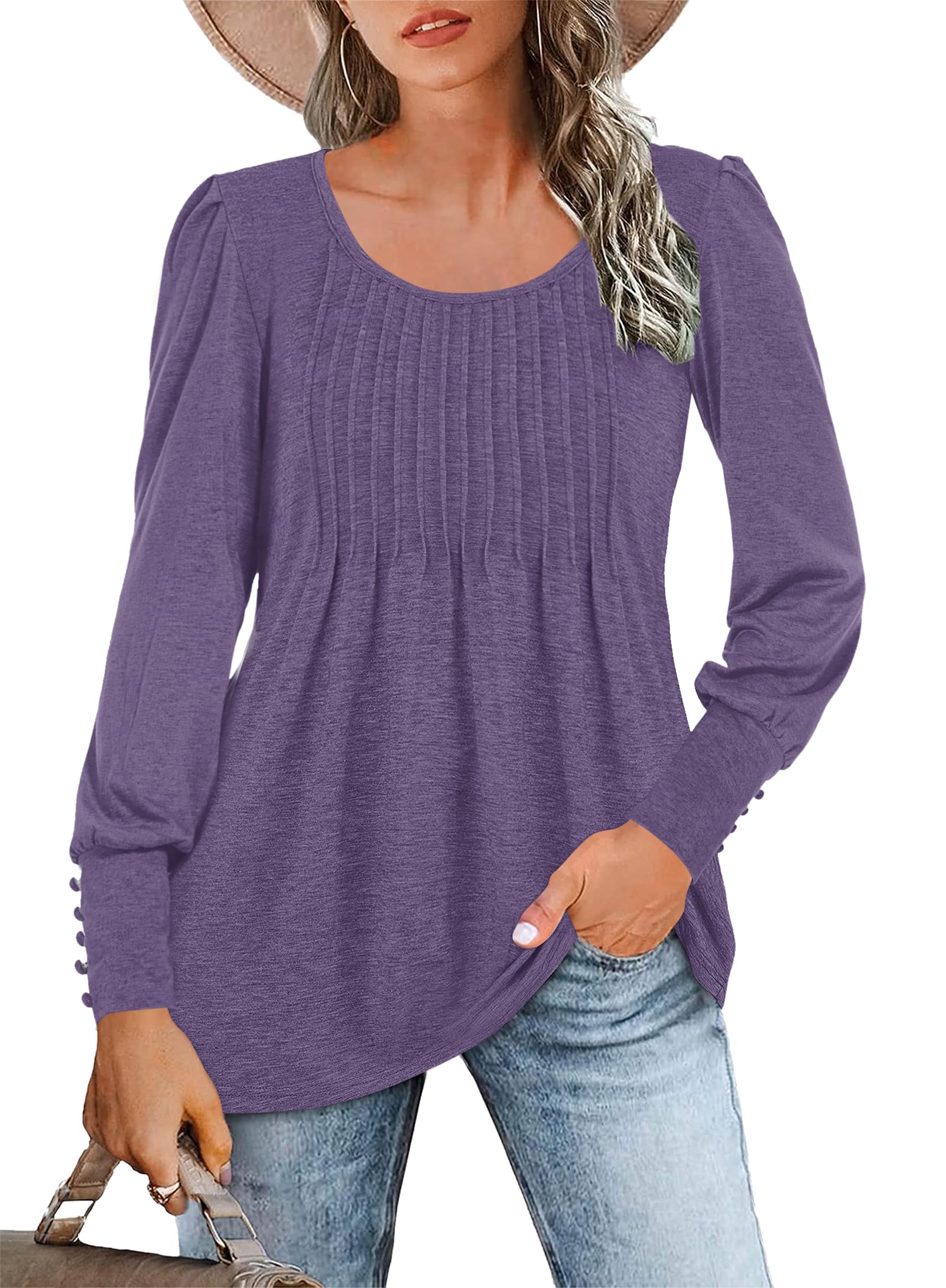 WNEEDU Long Sleeve Shirts for Women Crewneck Tunic Casual Tops Pleated Flowy Blouse 2025 New