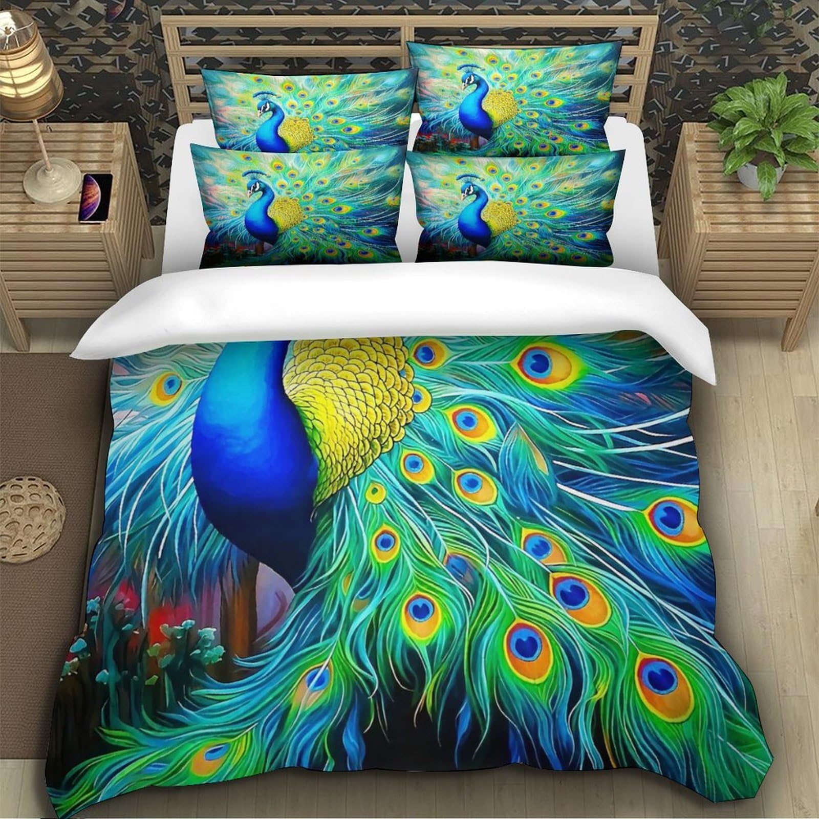Ensemble de lit paon 3D microfibre housse de couette 140x200cm avec taie d'oreiller