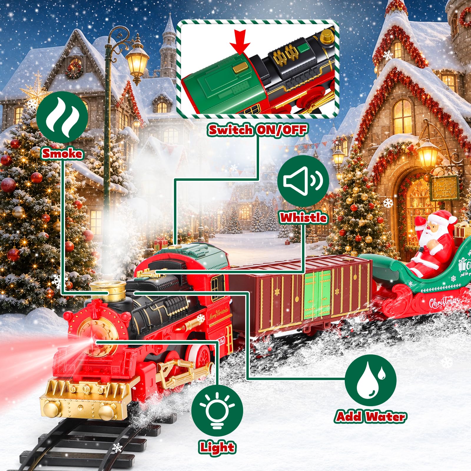 deAO Trenino per Albero di Natale Elettrico con Luci, Fumo e Musica, 3+Anni