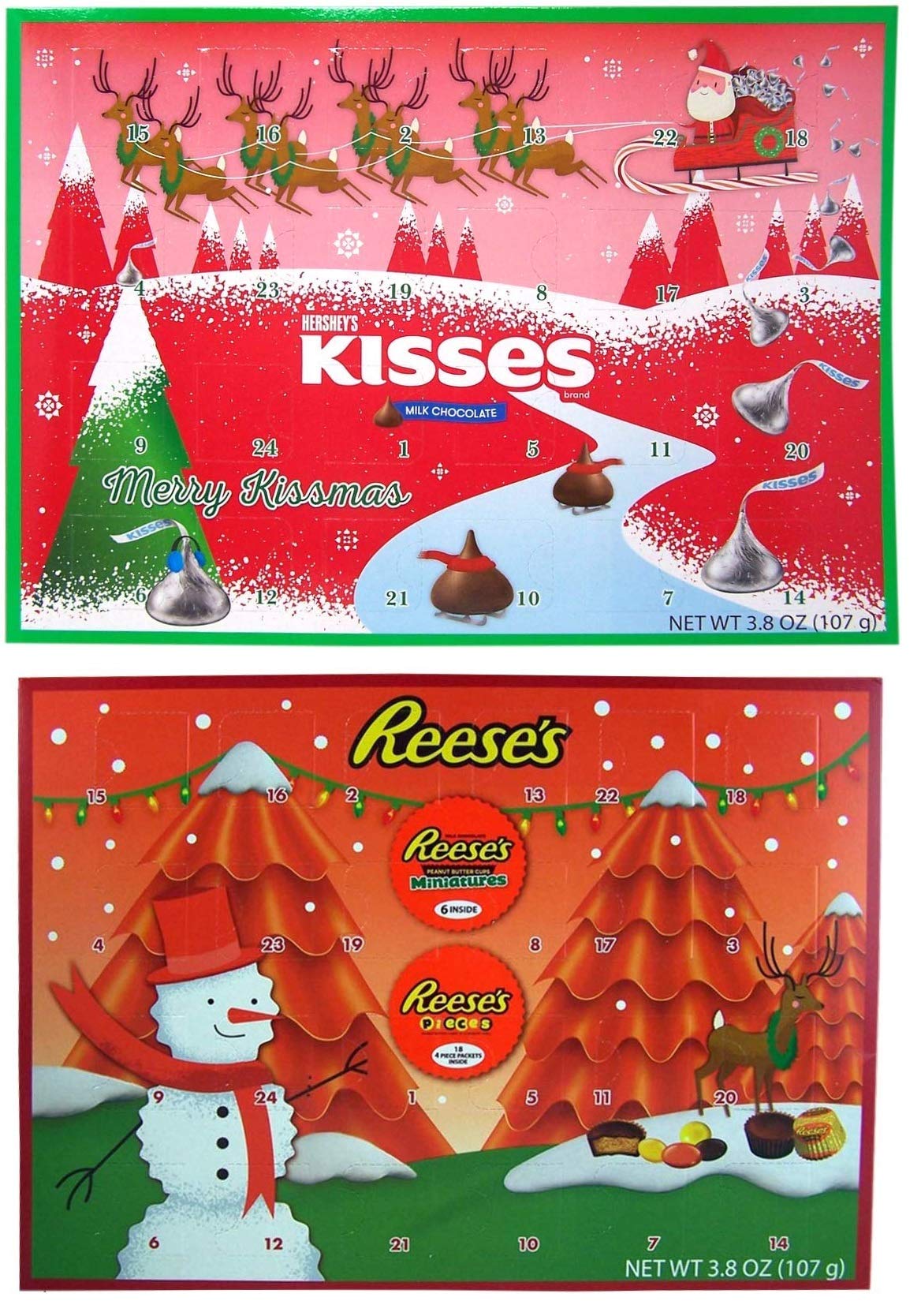 1 Hershey Milk Chocolate Kisses, 1 Reeses Peanut Butter Cups and Pieces Candy Filled 2019 Holiday Advent Calendar, Countdown to Christmas, 13 3/4 Inch Each - Set of 2