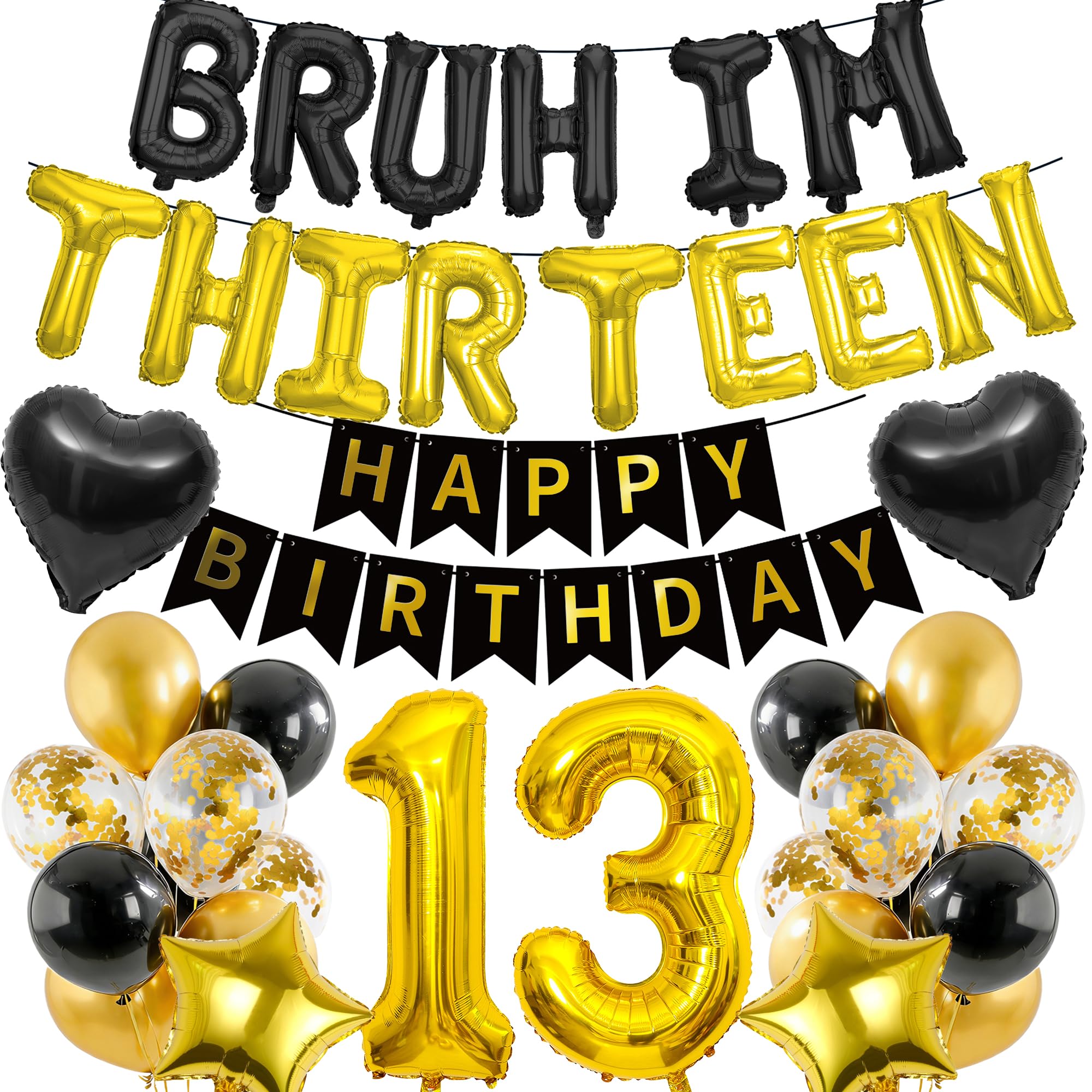 13th Birthday Decorations Banners Boy - 39 Pcs Black Gold Happy Birthday Banner BRUH I'M THIRTEEN Star Heart Number 13 Foil Balloons Decoration Sequin Balloons for 13 Years Old Boys Party Decor