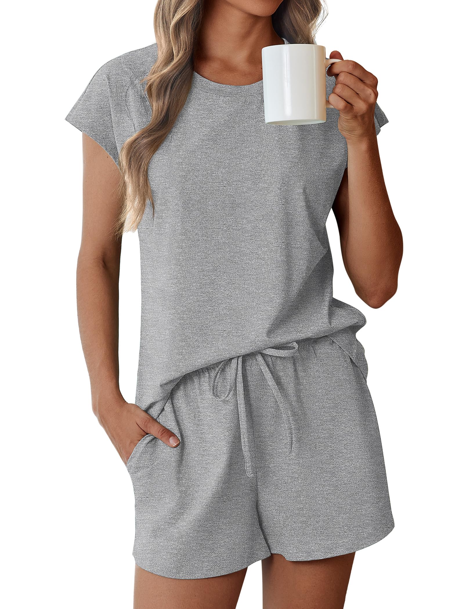 Ekouaer Conjunto de pijama de algodón para mujer, 2 piezas, manga casquillo, pantalones cortos, conjunto de ropa de dormir S-XXL
