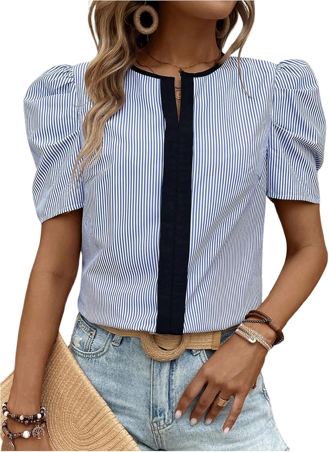 SweatyRocks Women's Summer Puff Short Sleeve Striped Office Work Blouse Top