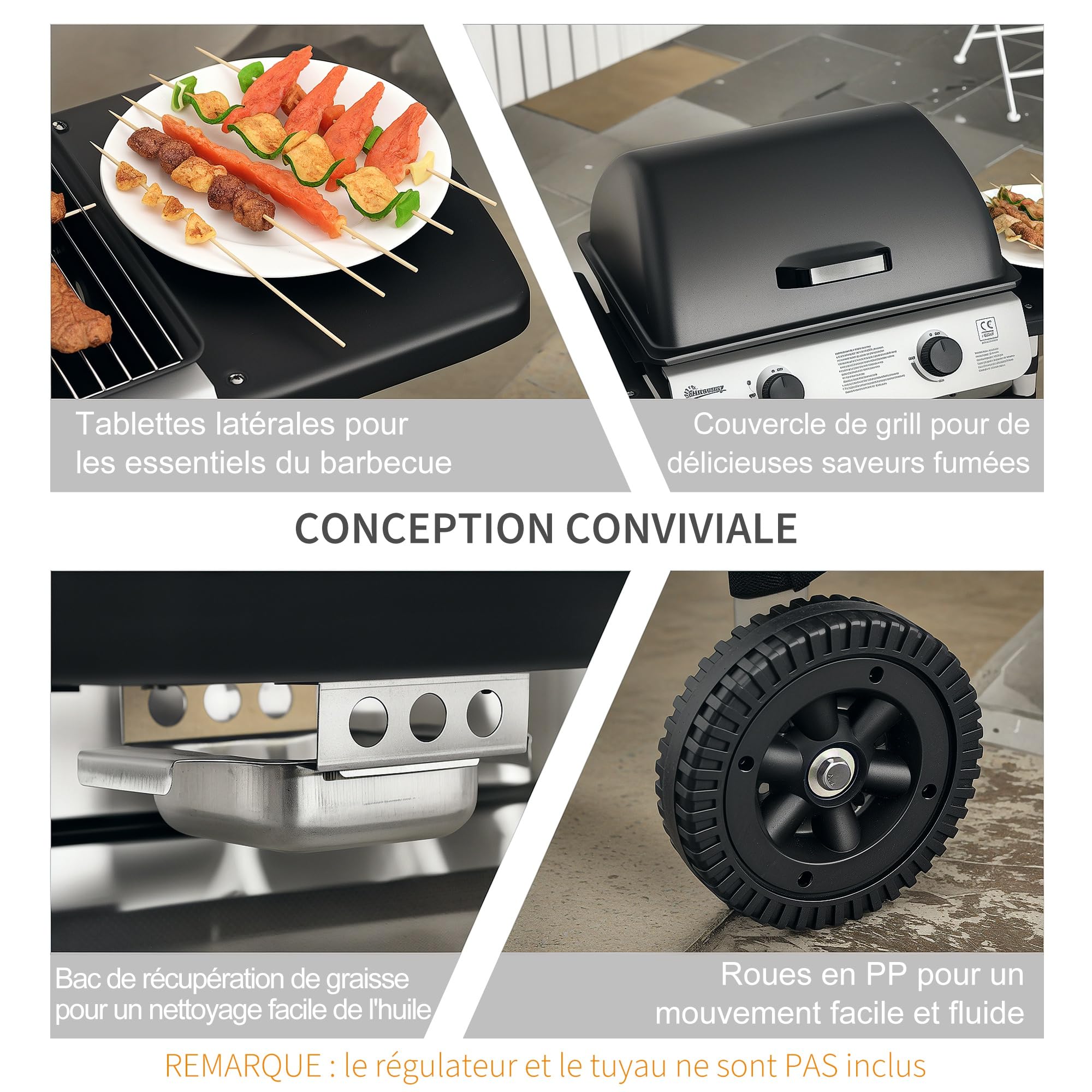Outsunny Barbecue Gaz 2 Brûleurs en Acier Inoxydable, Puissance 2,8 kW, Barbecue de Jardin, 2 Grilles en Chromé, 2 Étagères Latérales, 2 Roues, pour Camping, Balcon et Terrasse, Noir