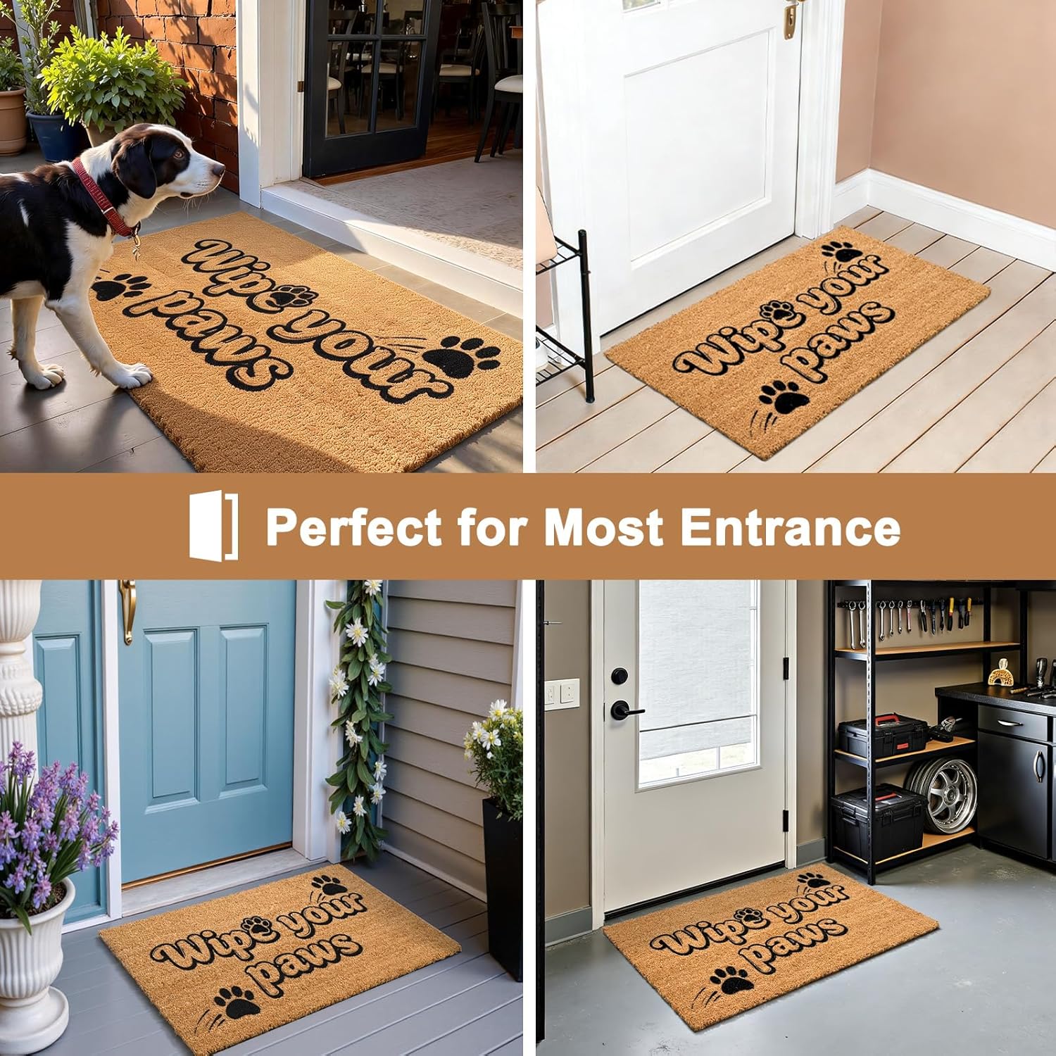 Natural Coco Coir Dog Door Mats for Muddy Paws, Non-Slip Welcome Mat with Heavy Duty Backing, Coconut Funny Front Door Mat Outside Entrance, Porch, Entry, Patio, Garden, Garage, Mudroom 17x30