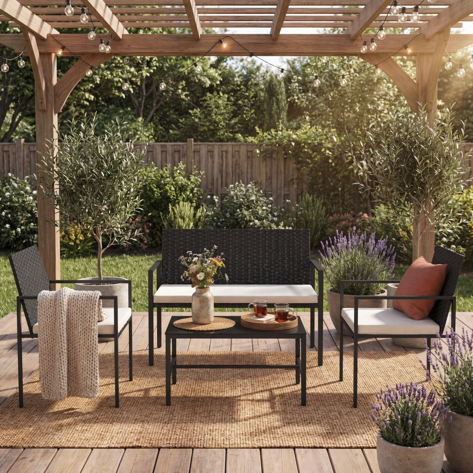 GIANTEX Set di Mobili da Giardino in Rattan per 4 Persone, Composto da 2 Poltrone e Tavolo in Vetro Temperato, Mobili Multiuso per Balcone, Terrazza e Veranda