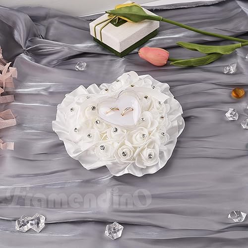 Miniatura 6 de Framendino, Forma de corazón blanco anillo de boda almohada elegante decoración cojín portador caja con lazo de cinta