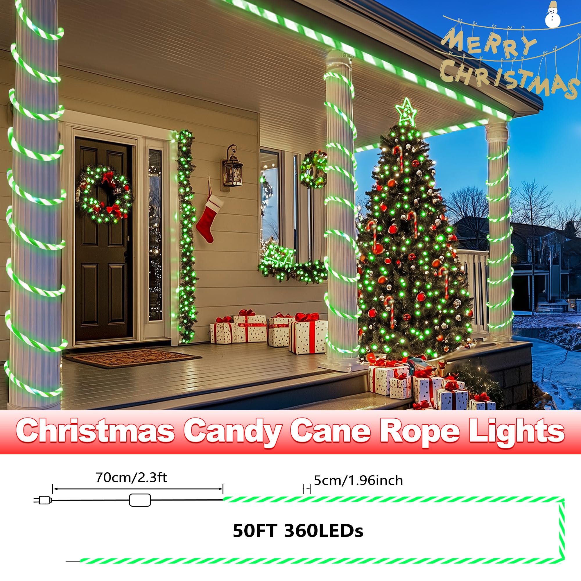 Snapklik.com : Toodour Christmas Candy Cane Lights, 50ft 360 LED Candy ...