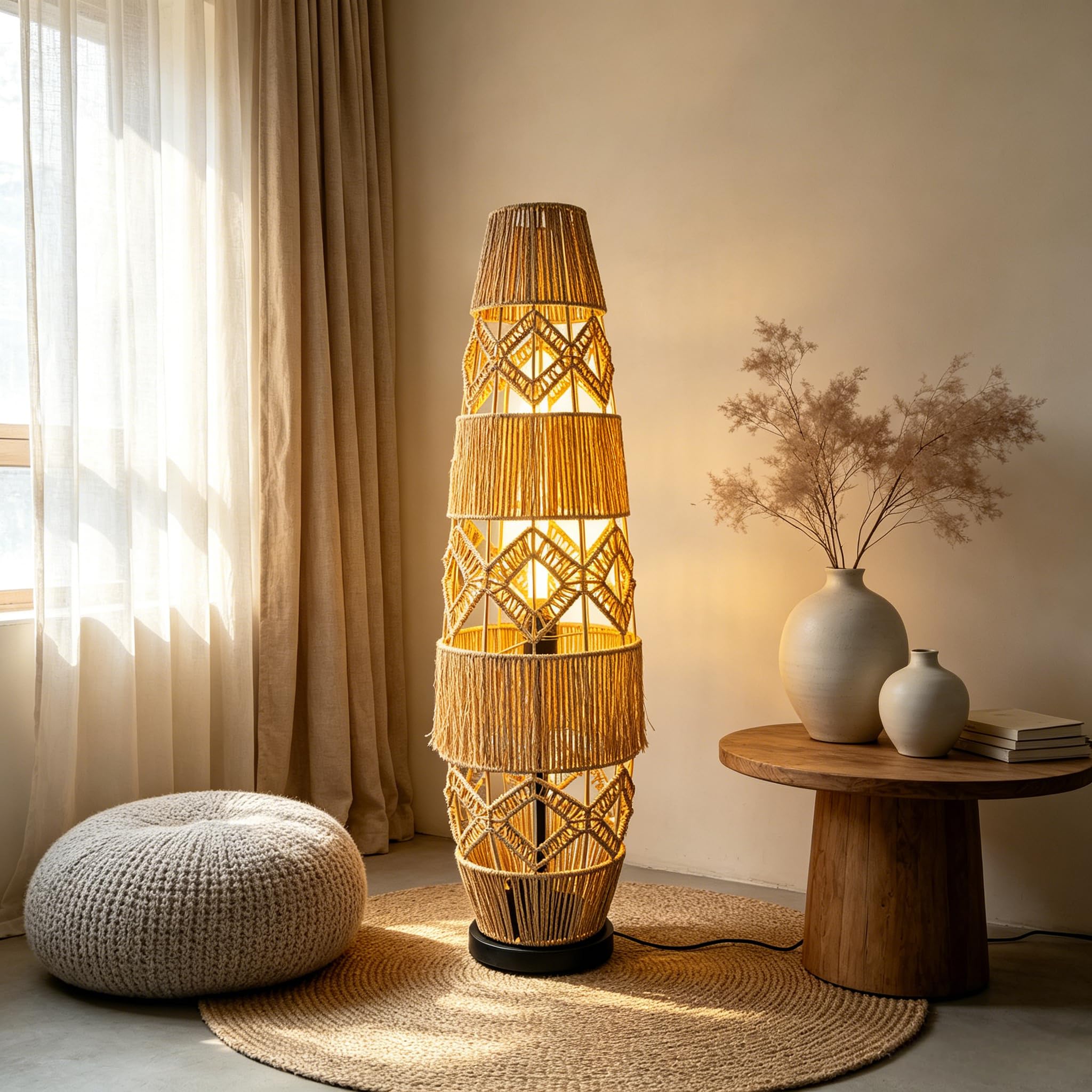 Stehleuchte Handgewebte Rattan Stehlampe 93.5 cm: Boho Standleuchte mit Schirm und Fußschalter, 3 wählbare Farbtemperaturen, Für Wohnzimmer, Esszimmer und Schlafzimmer