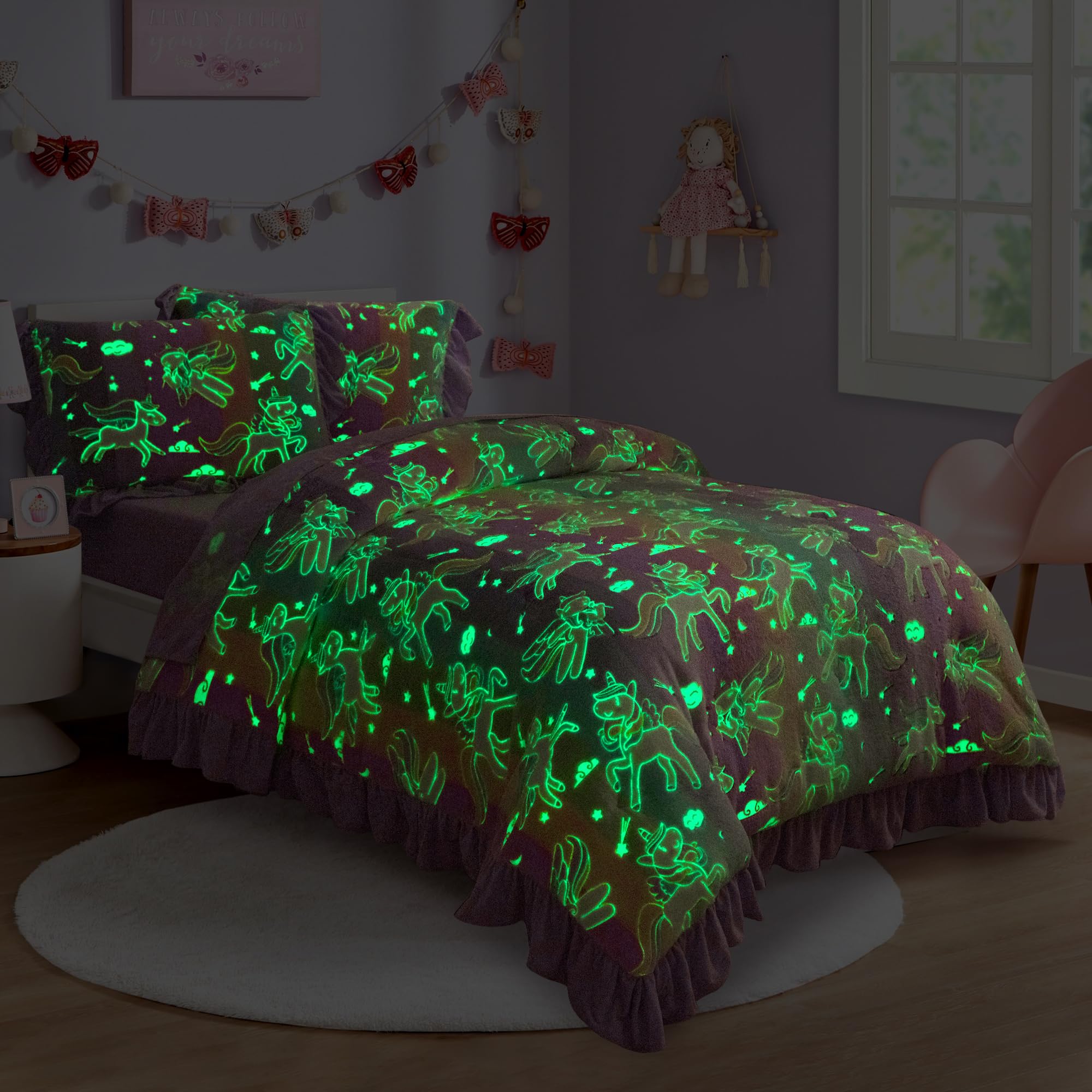 BALAPET 5 Piece Twin/Twin XL Glow in The Dark Kids Bedding Comforter Set with Sheet, Rainbow Pink Purple Soft All Season Glowing Stars Comforter Set with Ruffle for Girls Kids Childern