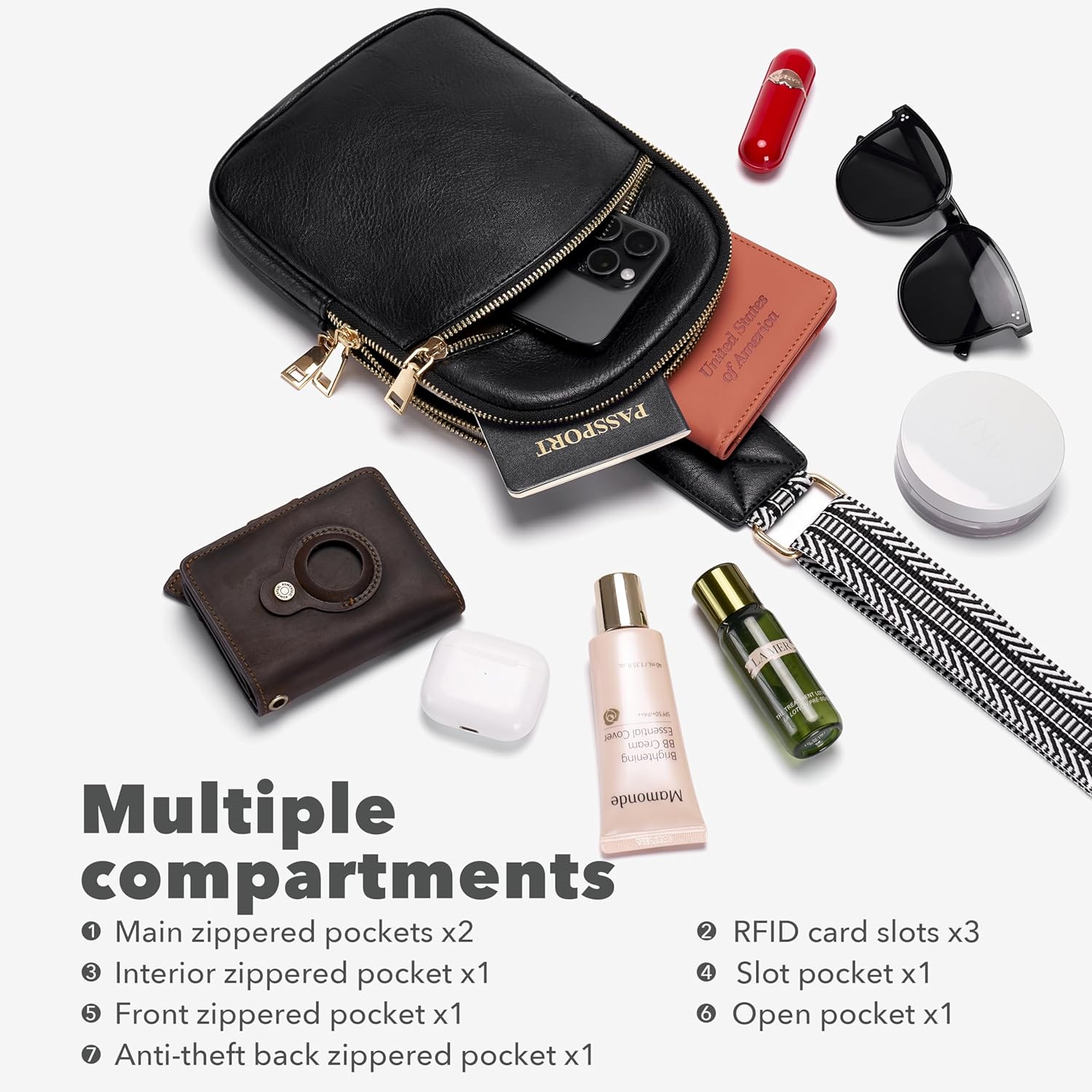 Yarnic Small Sling Bag for Women Men, Anti Theft RFID Cross body Purses,Vegan Pu Leather Chest Bag with Adjustable Strap for Travel Work (Black) - Image 5