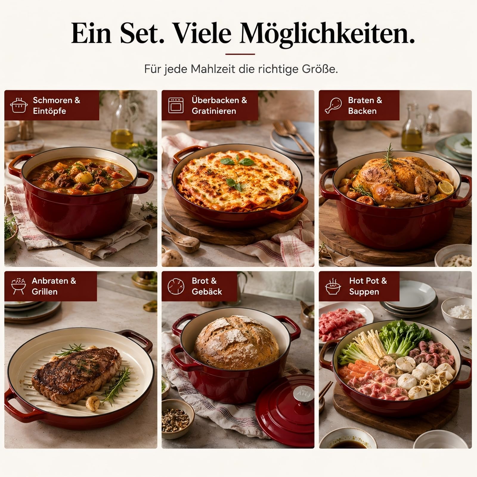 AHJ Topfset Gusseisen Emailliert, 4-teiliges stapelbares Schmortopf Set mit 4,5L Brotbacktopf/Dutch Oven, 2,5L Bräter, 1,2L Grillpfanne und Deckel, antihaftend, backofengeeignet bis 260°C, Rot | Inklusive Brottopf 4,5 L, Bräter 2,5 L, Grillpfanne 1,2 L un