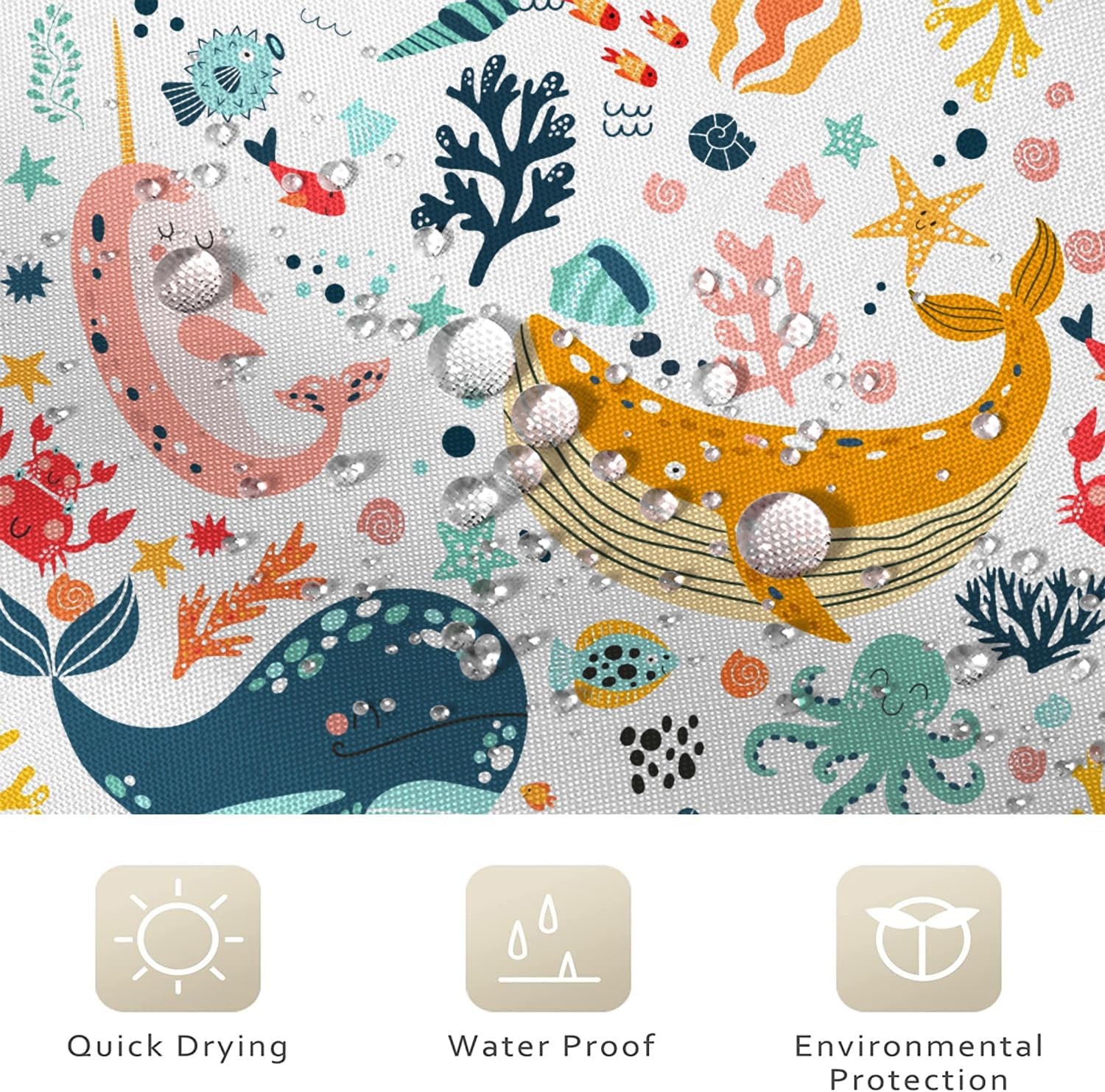 Kids Whale Shower Curtain, Funny Cute Ocean Fish Cartoon Sealife Under Sea Coral Starfish Bath Curtain Waterproof Fabric Machine Washable with Hooks, 72" Wx96 L