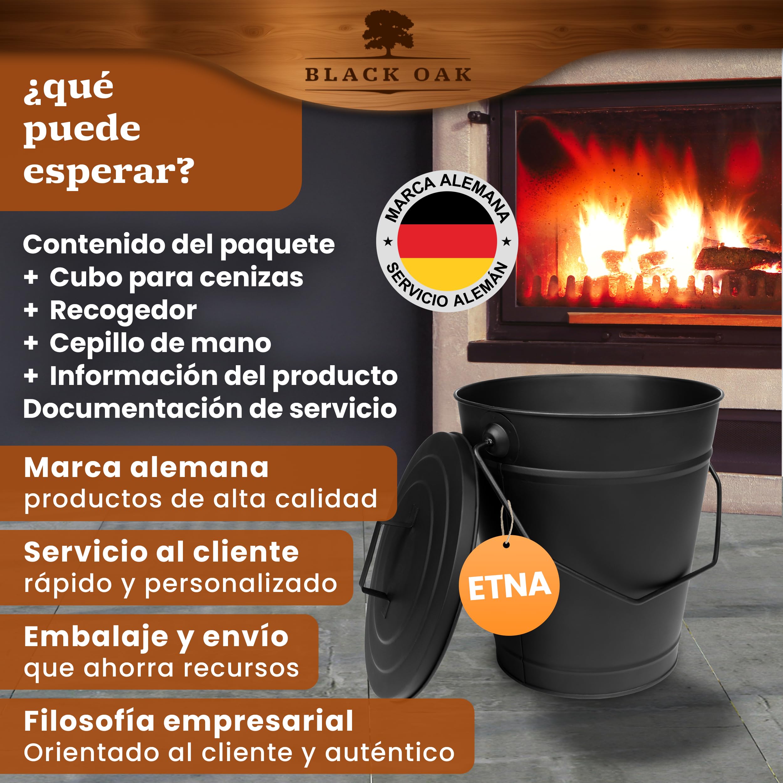BLACK OAK Cubo de ceniza ETNA 14L – negro con tapa – grande 14 litros – Acero galvanizado y recubierto de polvo para cenizas y carbón, accesorio ideal para chimenea, estufa de azulejos, estufa de leña