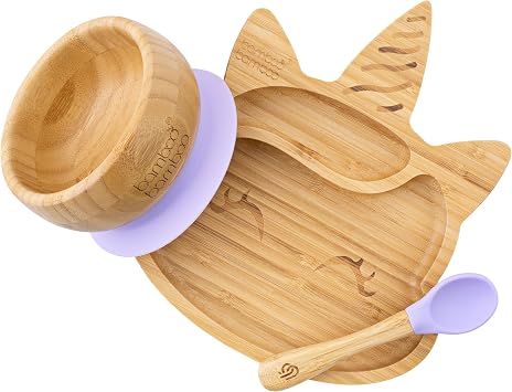 Baby Weaning Set - Bamboo Unicorn Plate & Bowl, Strong Suction Lilac