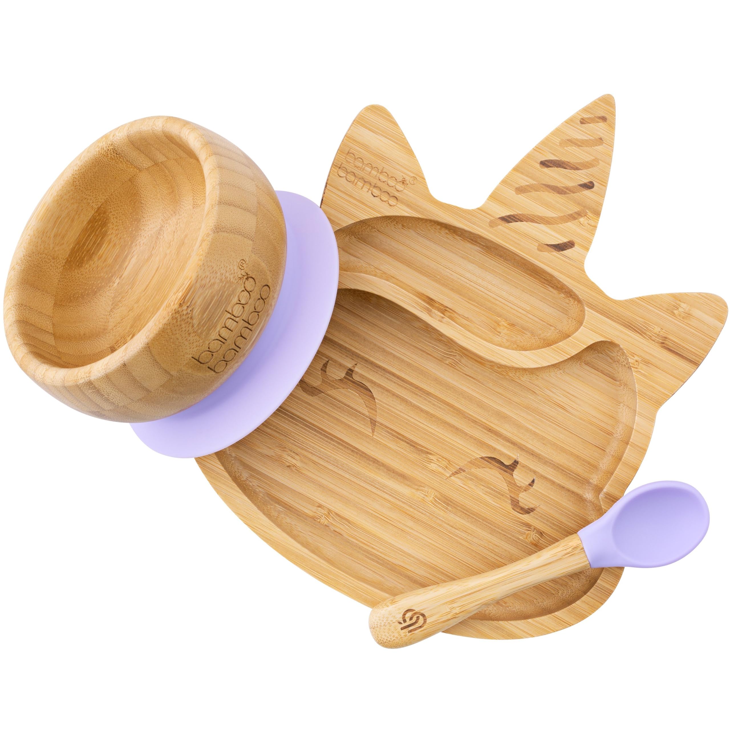 bamboo bamboo Baby Teller Baby Geschenk, Kindergeschirr set mit Sugnapf Teller Baby Schüssel und Baby Löffel, Kindergeschirr mit Saugnapf ab 6 Monaten (Einhorn)