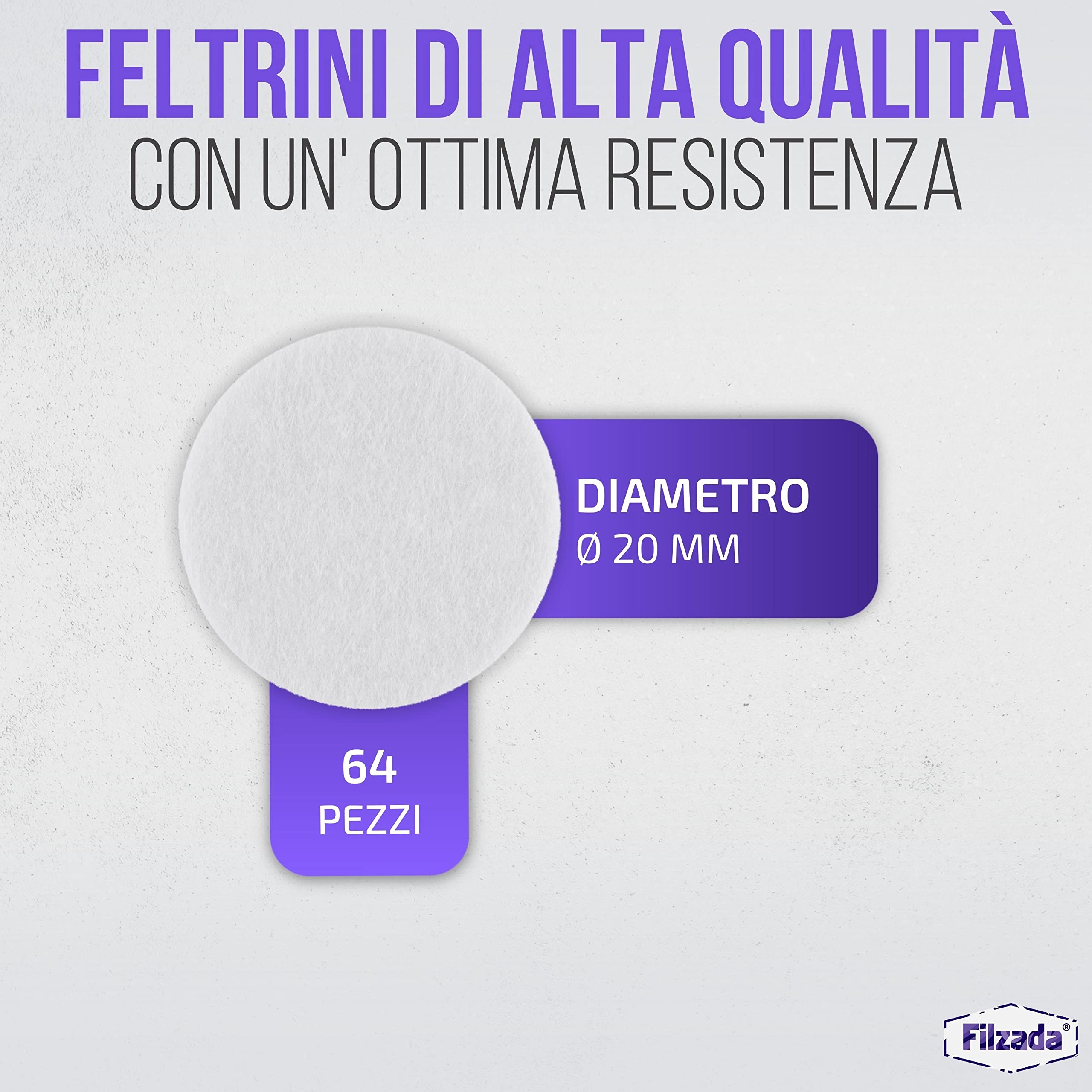 Filzada® 64x Feltrini autoadesivi - Ø 20 mm (rotondo) - Bianco - Feltro professionale per mobili con adesione ideale