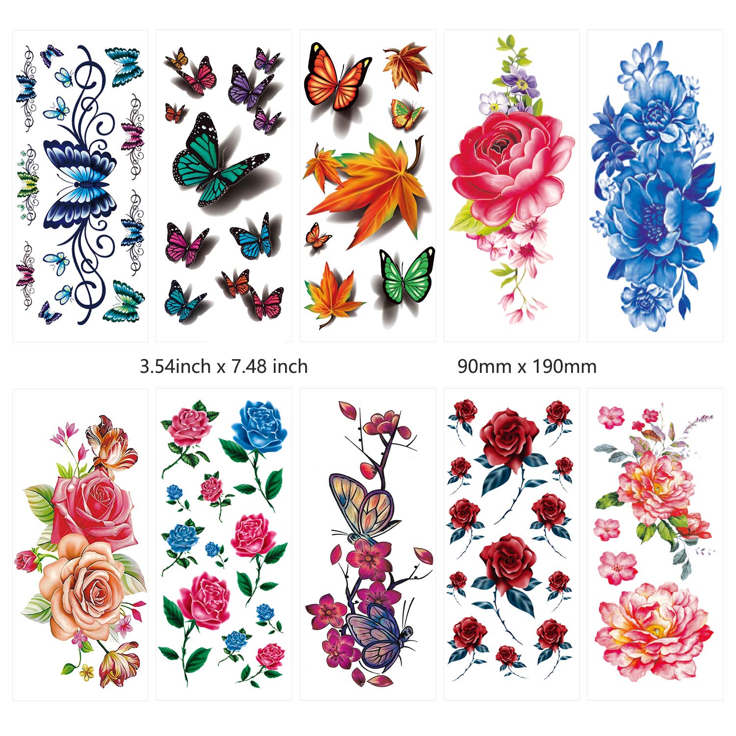 42 Sheets Flowers Temporary Tattoos Stickers, Roses, Butterflies and
