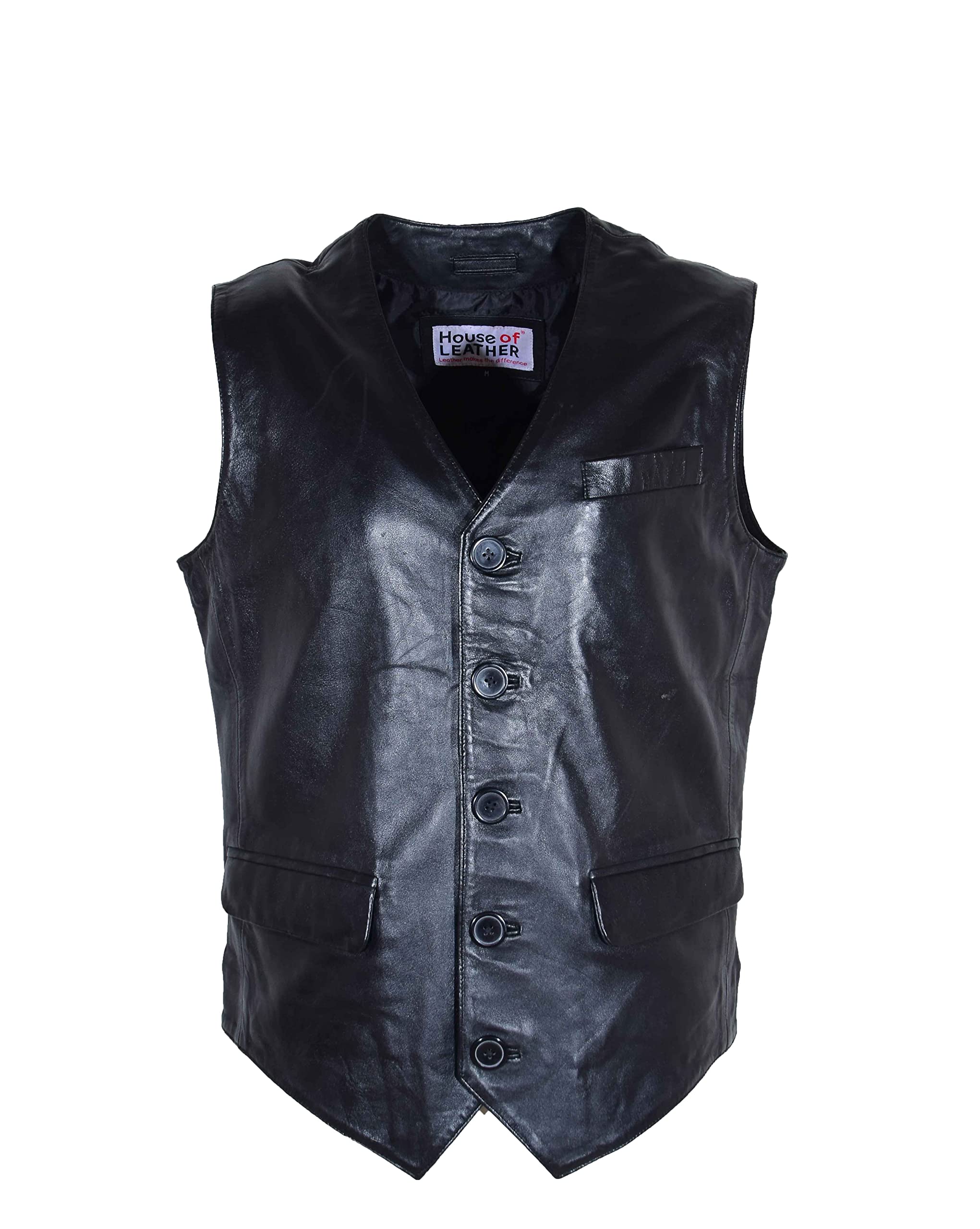 House Of Leather Men's Black Real Leather Gilet Classic Vest Button Fastening Waistcoat Sam Sizes S M L Xl Xxl Xxxl (As8, Alpha, L, Regular, Regular)