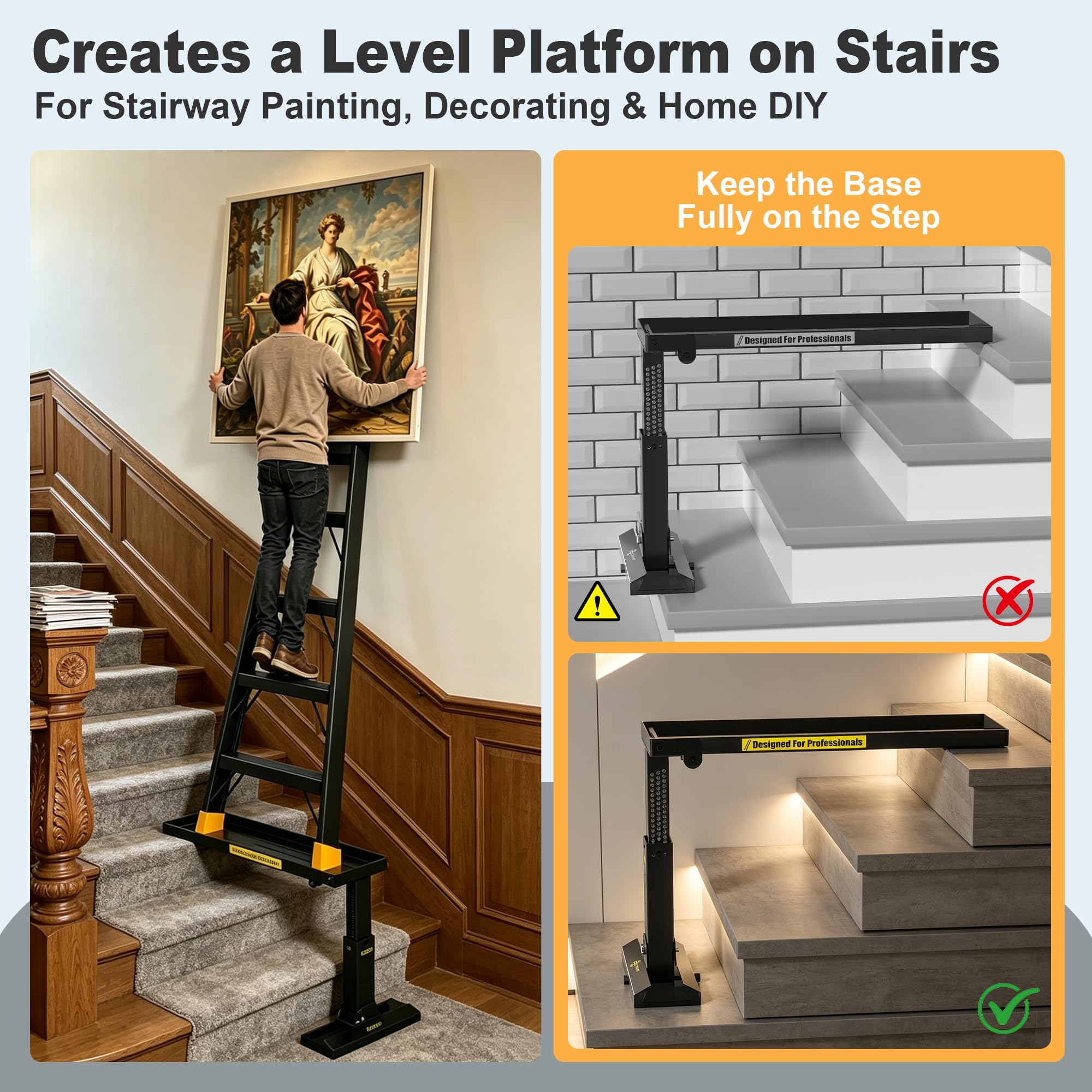 Faltbare Leiterverlängerung Pro, hochfestes Stahlmaterial, Leiterverlängerung Pro für Treppen mit rutschfester Matte, 23,5–39,4 cm verstellbare Höhe, anwendbarer Leiterfüße, Abstand 50,8 cm