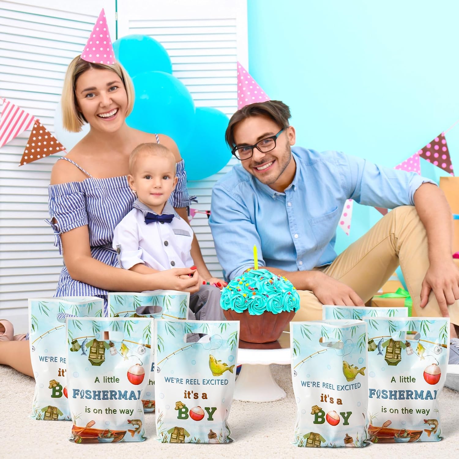 Fishing Party Supplies: tableware includes 9-inch paper plates, 7-inch paper plates, napkins and forks. Tablecloth; Gift bag