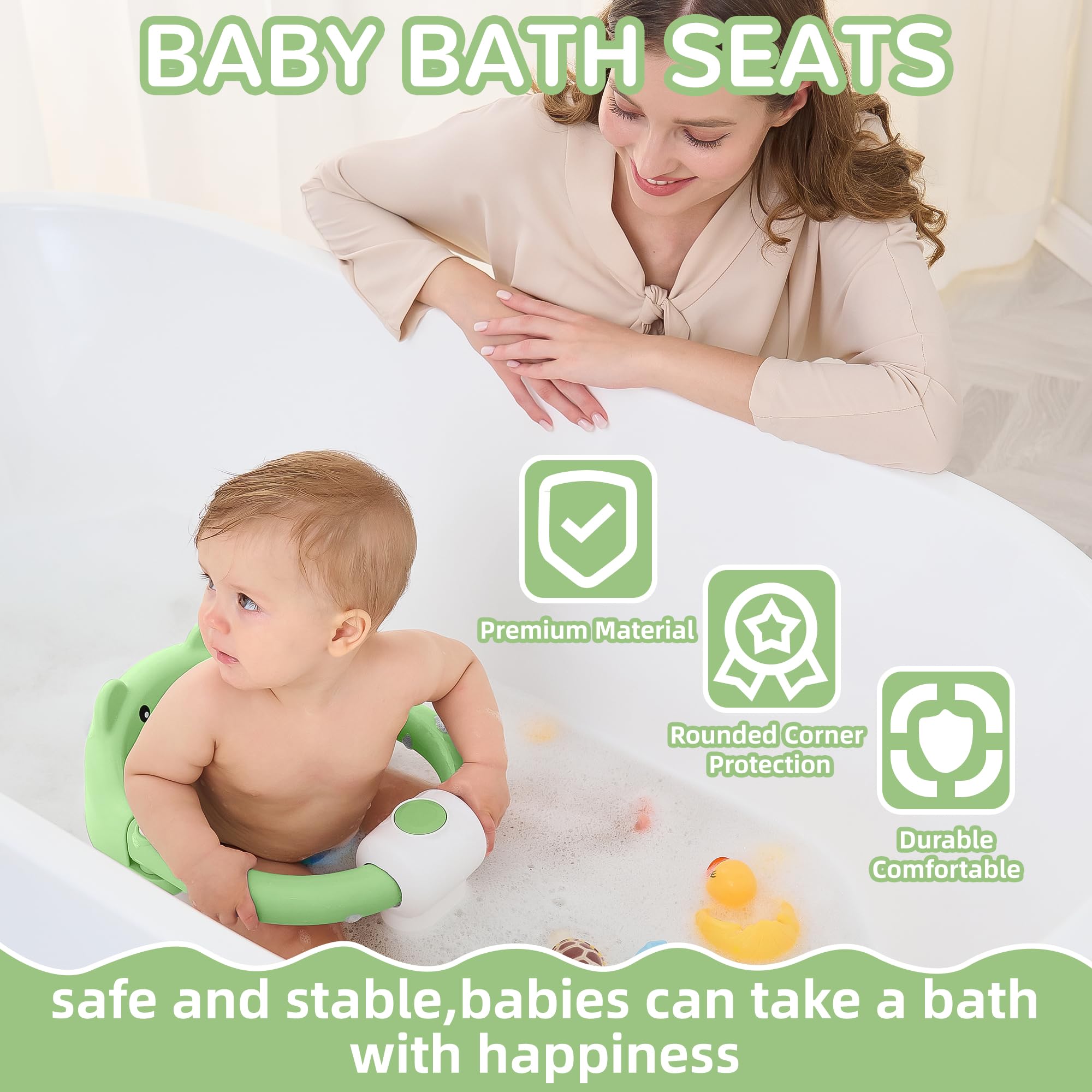 Seggiolino per Vasca da Bagno per Bambini a Partire da 6 Mesi, Seggiolino da Bagno Antiscivolo con 4 Ventose e Cuscino per Neonati, Sedia per Doccia Portatile per Doccia o Vasca da Bagno, Verde