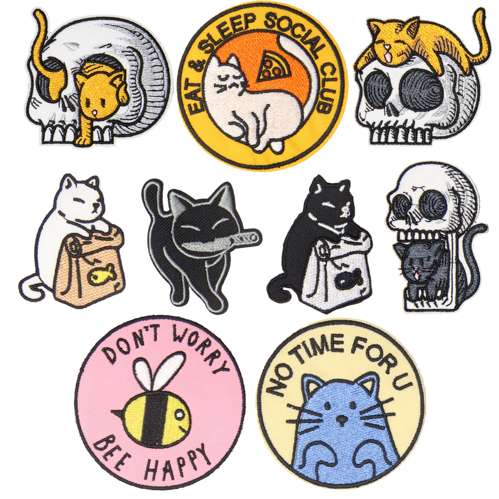 HEYTRCO 9PCS Cat Skull Iron on Patches Set, Cute Cartoon Bee Happy Meme Embroidered Repair Patches for Clothes, Applique for Hats, Jeans, Jackets,