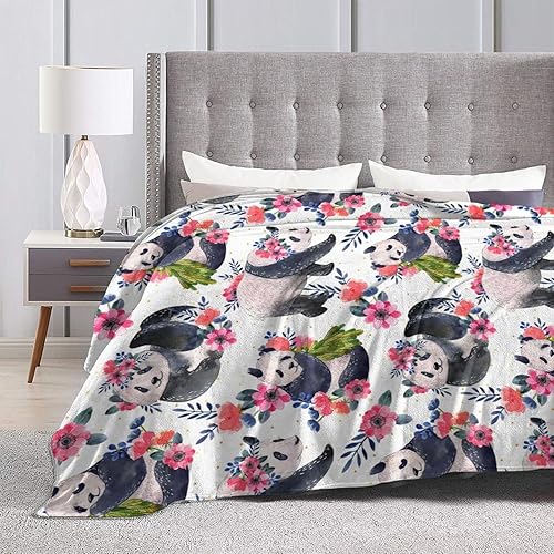 Miniatura 5 de Manta de panda suave y acogedora con estampado floral de panda, manta decorativa de felpa para todas las estaciones, ultra cálida, ligera, mullida,