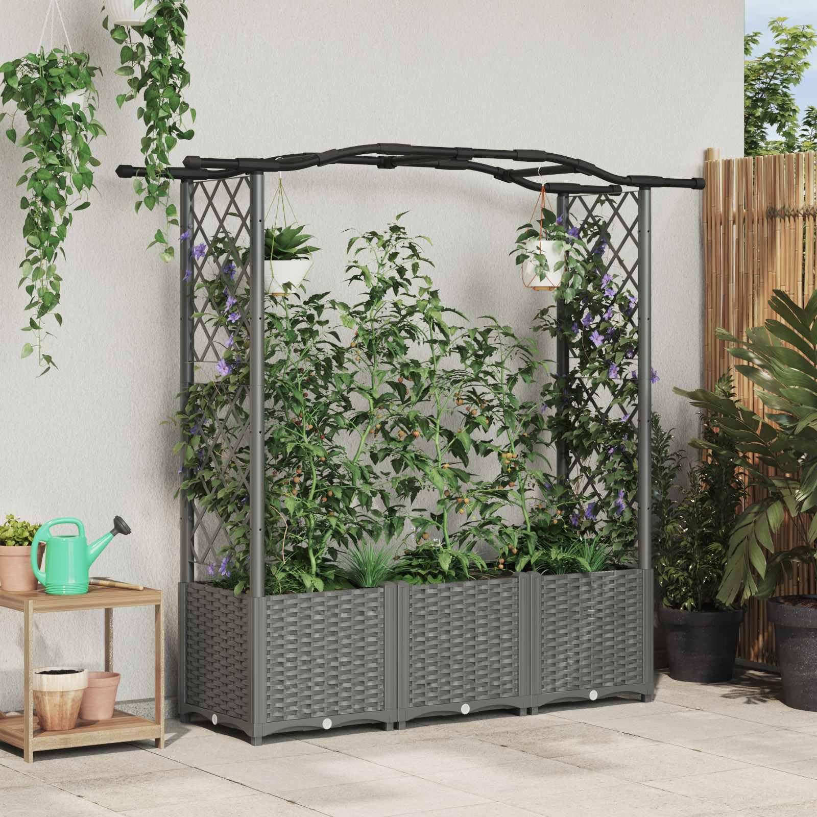 Jardinera con enrejado y techo, maceta de polipropileno gris claro, 164 x 40 x 138 cm, resistente a la intemperie para terraza y balcón, con orificio de drenaje y almacenamiento de agua para