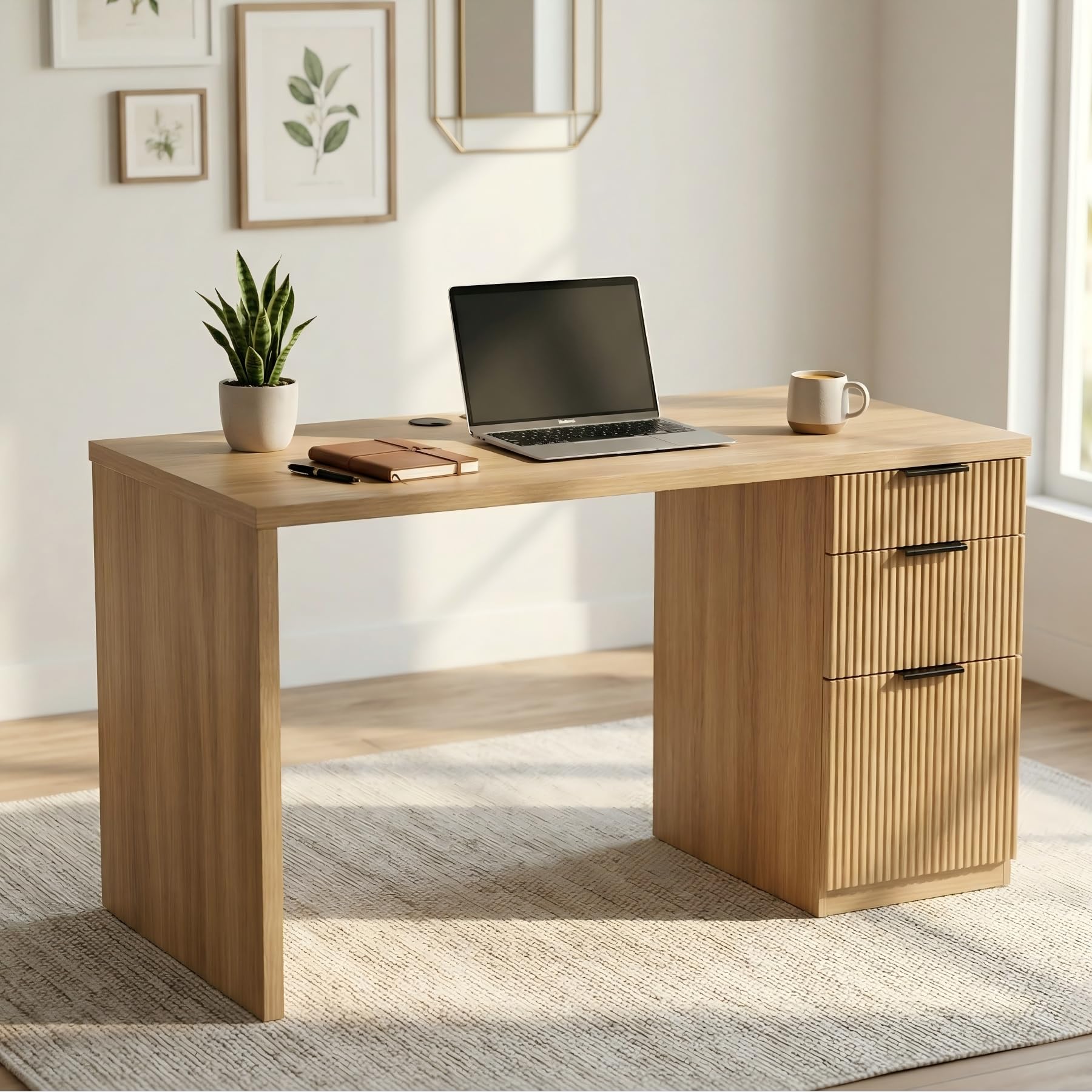 FURSUN 58' Home Office Desk with Power Outlet & File Cabinet