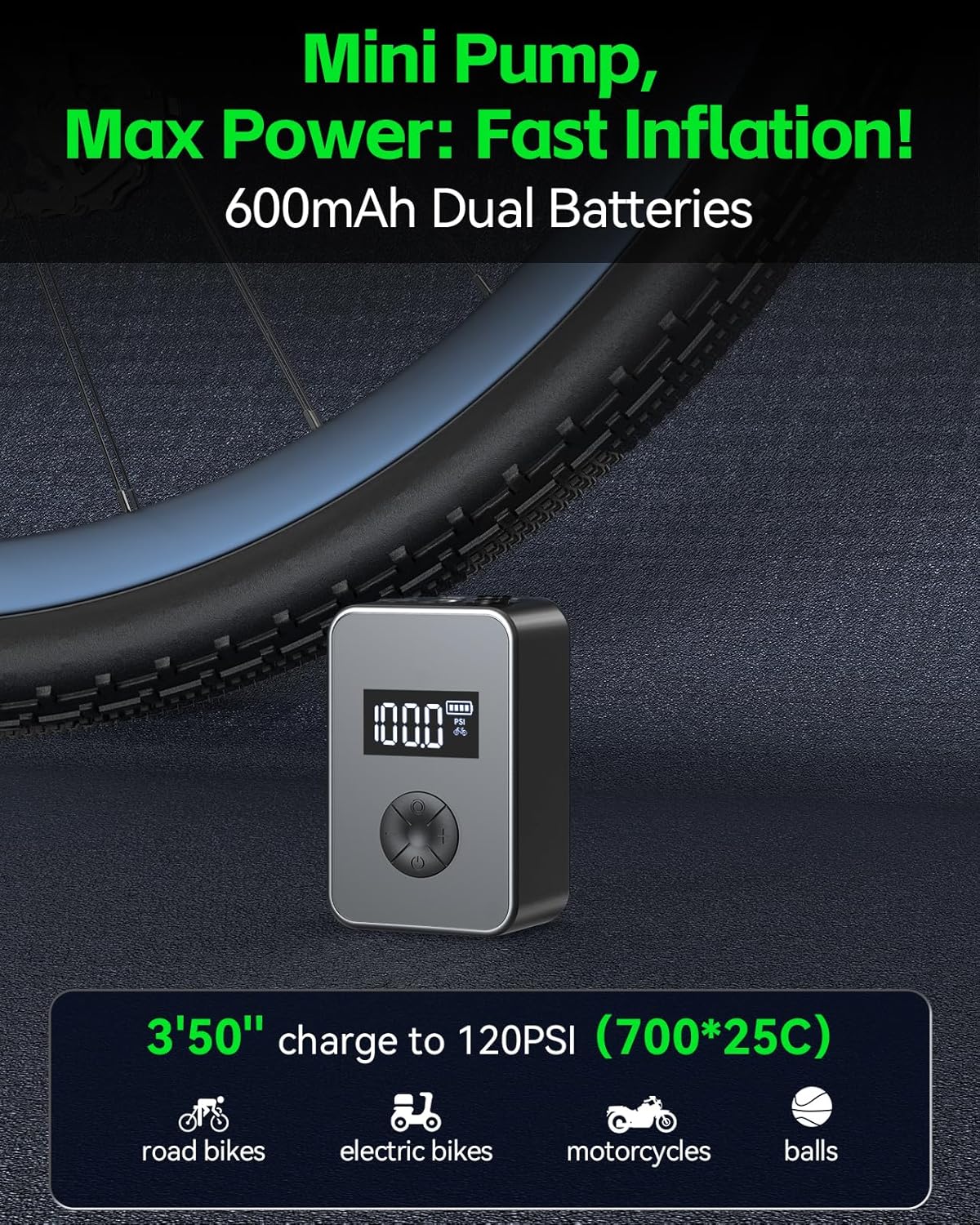 Yerantour Bike Pump with Gauge, Brushless Motor Electric Bike Pump 120PSI, Mini Portable Bicycle Pump for Presta Valve, Rechargeable Moto/Bike Tire Pump with LED Light