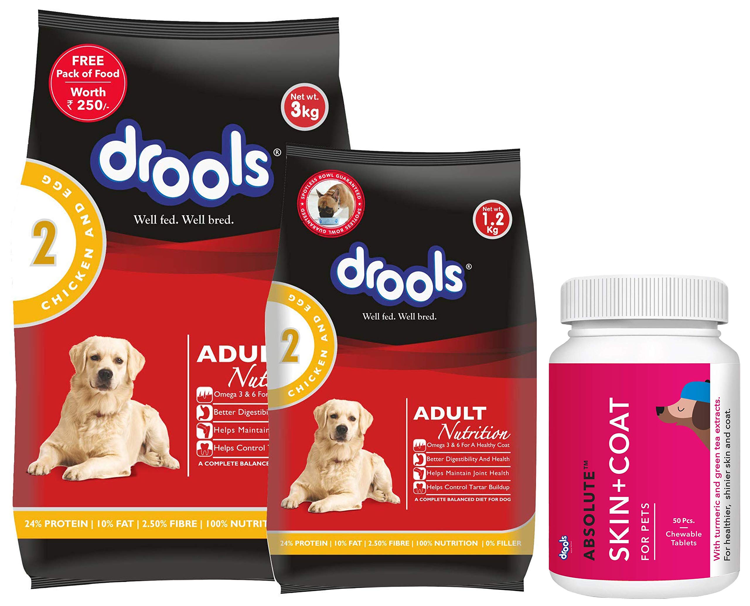 Drools Chicken and Egg Adult Dog Food, 3 Kg with Free 1.2 Kg & Absolute Skin + Coat Tablet- Dog Supplement, 50 Pcs