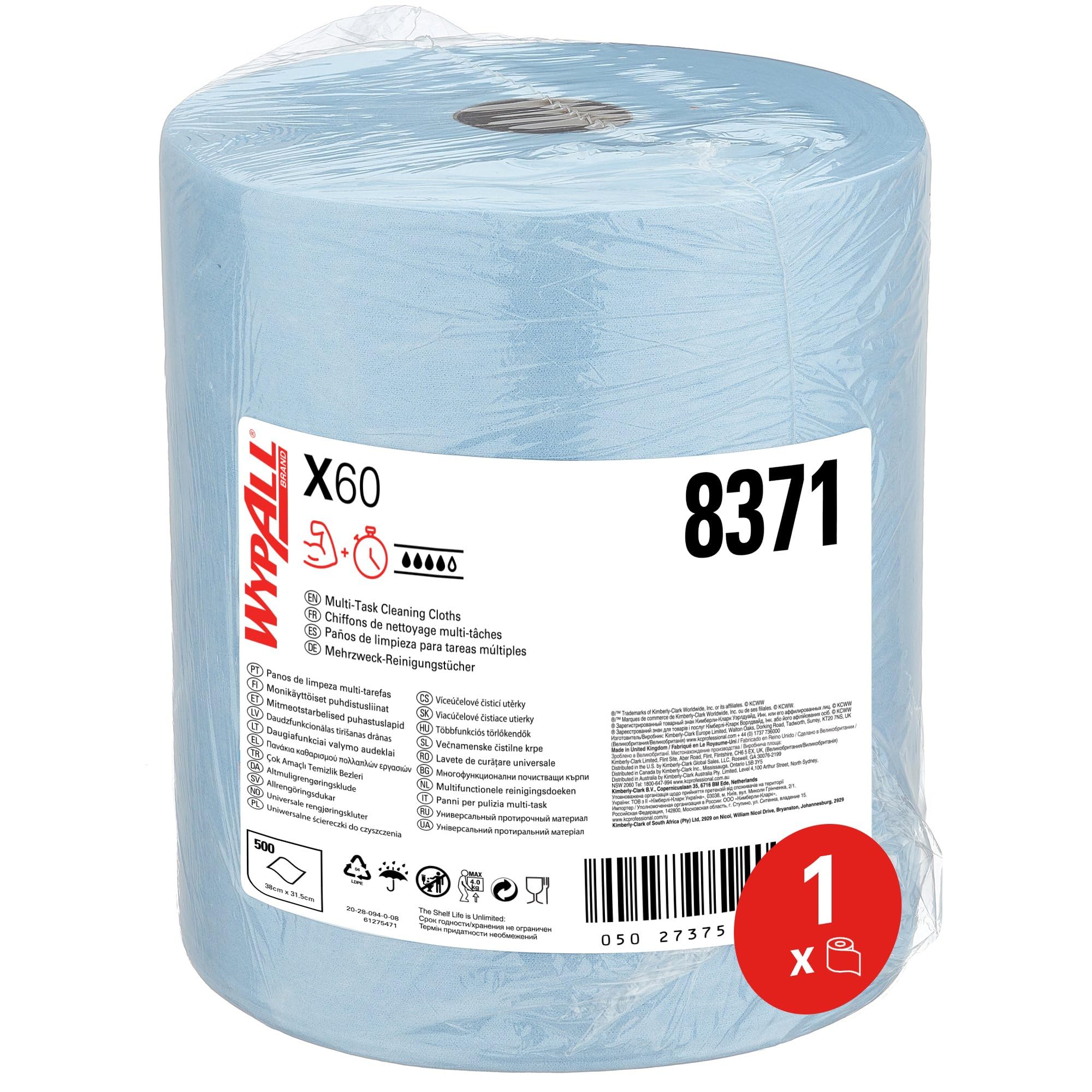 WypAll X60 General Clean paños en rollo notable 8371 - Paños de limpieza azules - 1 rollo notable azul x 500 paños de limpieza azules de 1 capa