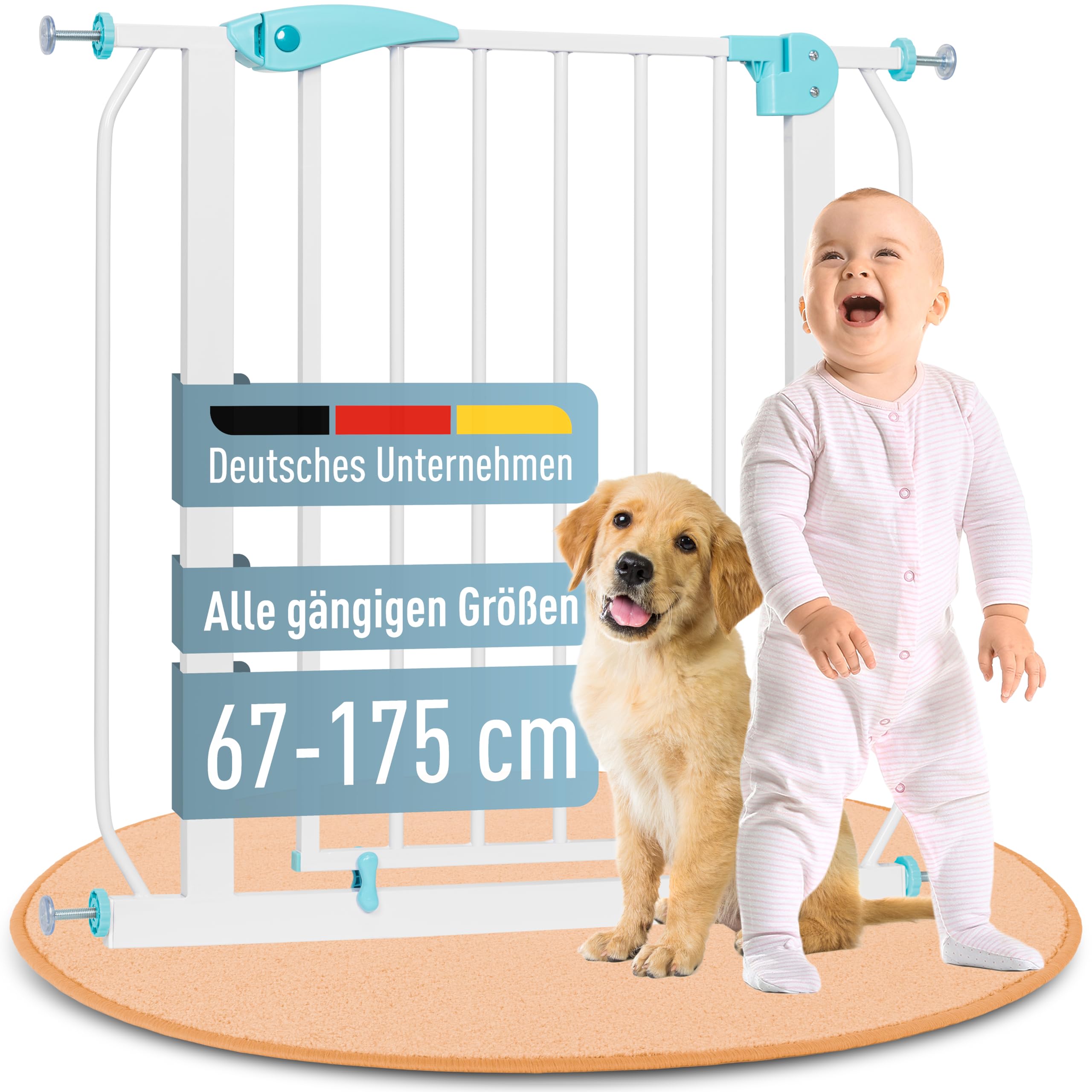 IB STYLE Berrin Türschutzgitter 67-75 cm, Treppenschutzgitter ohne Bohren, Baby Sicherheitsgitter, Weiß Türkis