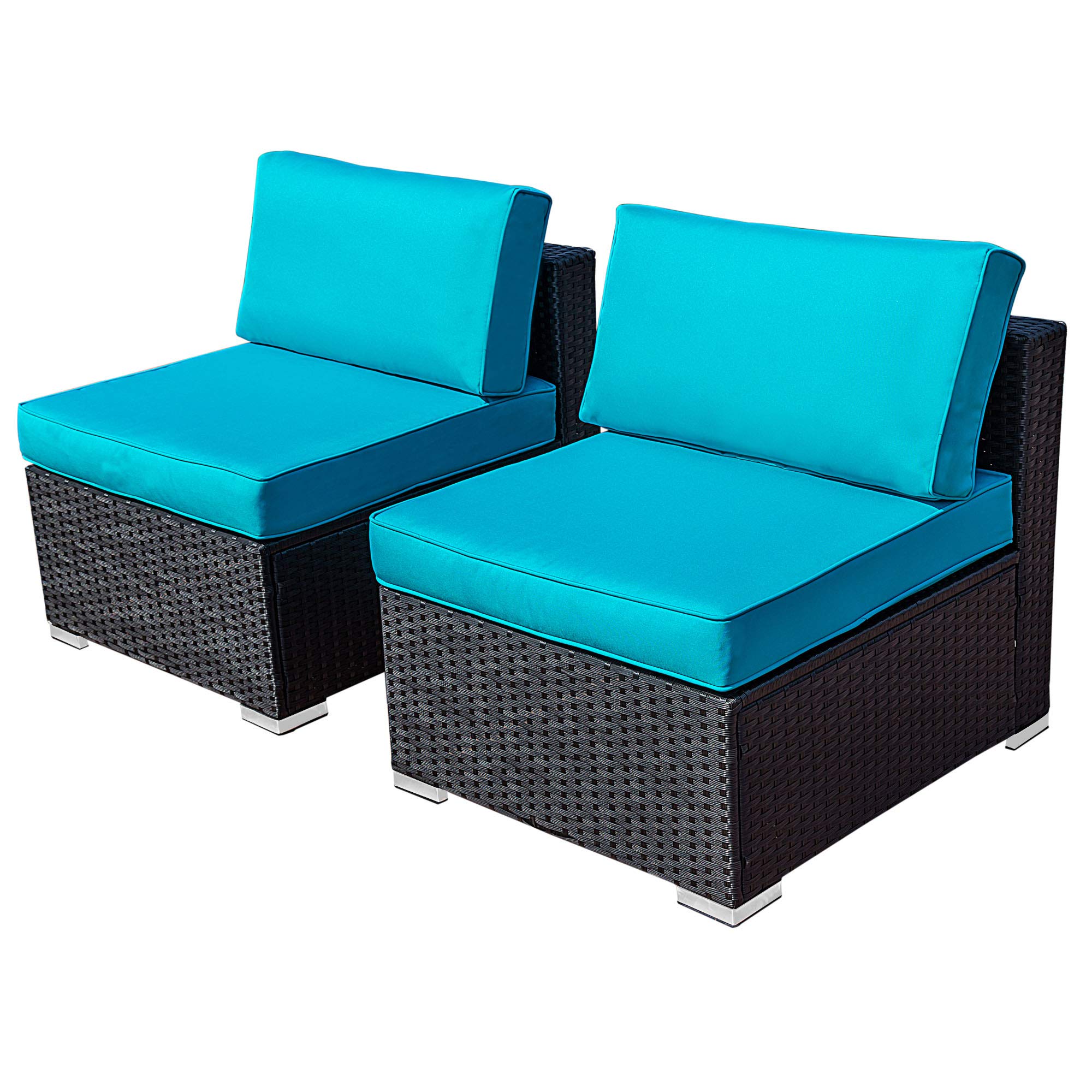 SUNVIVI OUTDOOR Patio Couch, 2 Piece Wicker Outdoor Sectional Sofa with Removable Blue Cushions, Extra Armless Sofa Furniture