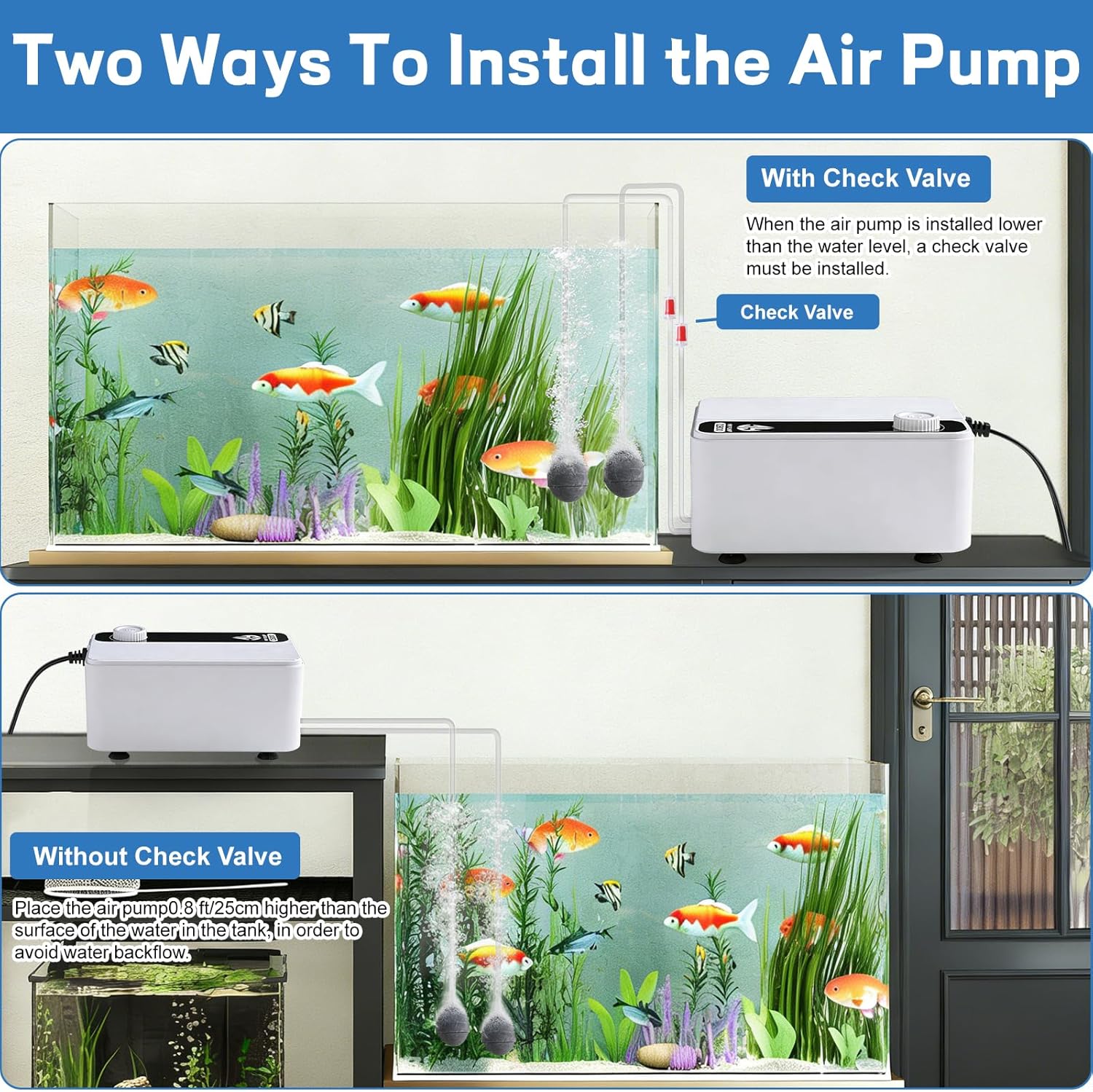 Aquarium Air Pump, Quiet Powerful Fish Tank Air Pump, Adjustable Fish Tank Bubbler with Air Stone, 2.3W/5.5W/8W Bubbler for Aquarium Fish Tank for Small Medium Large Fish Tank Up to 200 Gallon