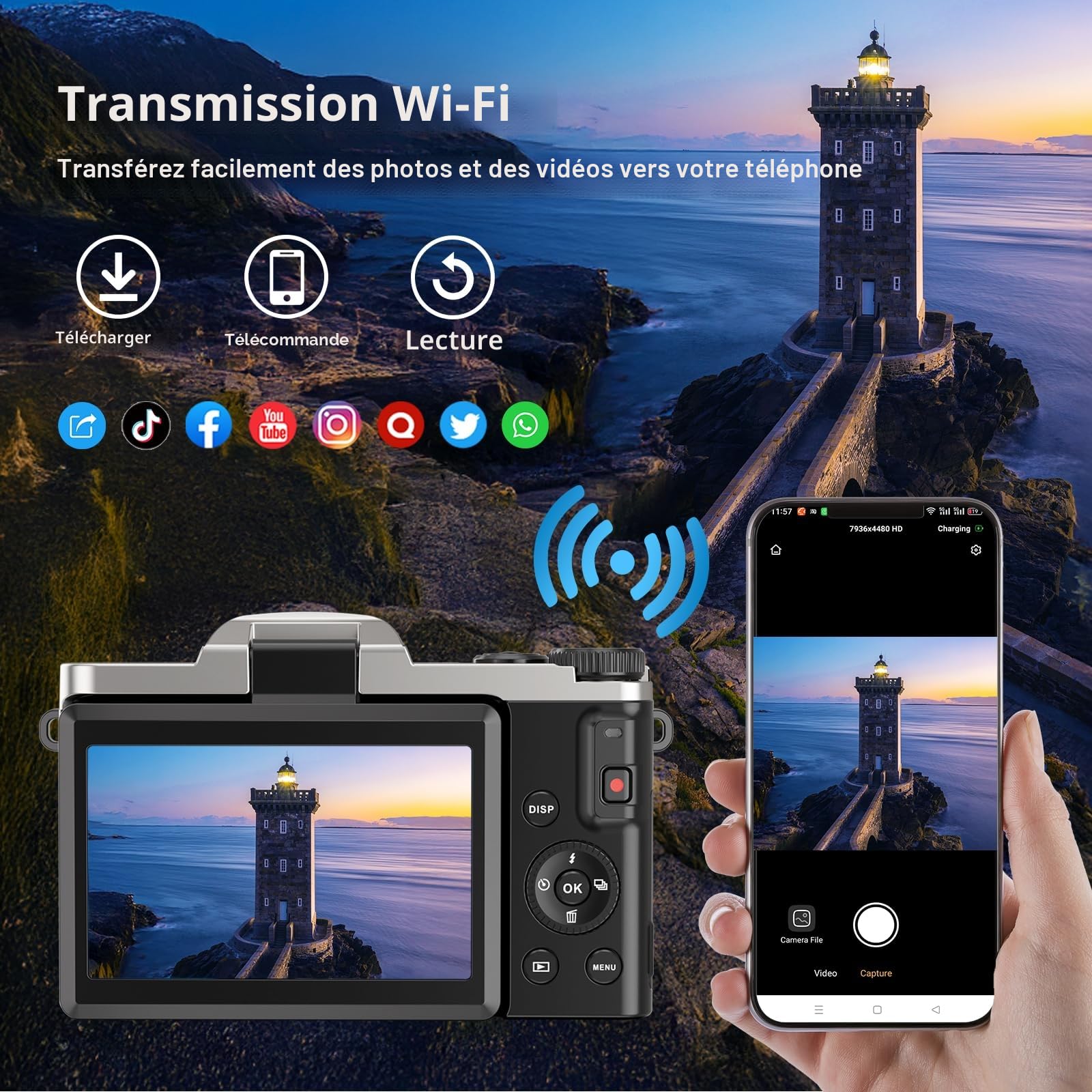 Appareil Photo Numérique avec WiFi, 4K 64MP Autofocus Camera Vlog 16X Digital Zoom à Écran Rabattable à 180° Appareils Photo Compact avec Station de Charge, 2 Batteries, Carte 32 GB pour Débutants