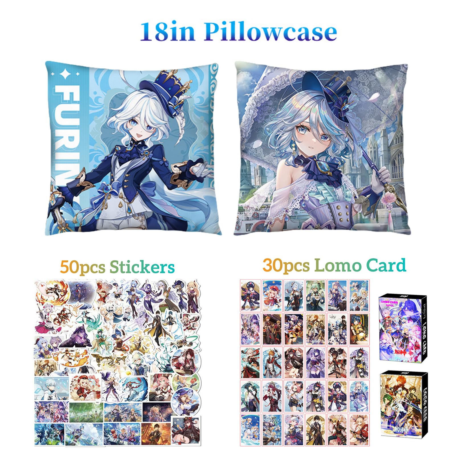 Genshin Impact Box Furina Merch Ensemble de marchandises – Poupée en peluche, affiche, tapis de souris, figurine de support, bracelet, badge, porte-clés, porte-cartes et 30 cartes Lomo, 50