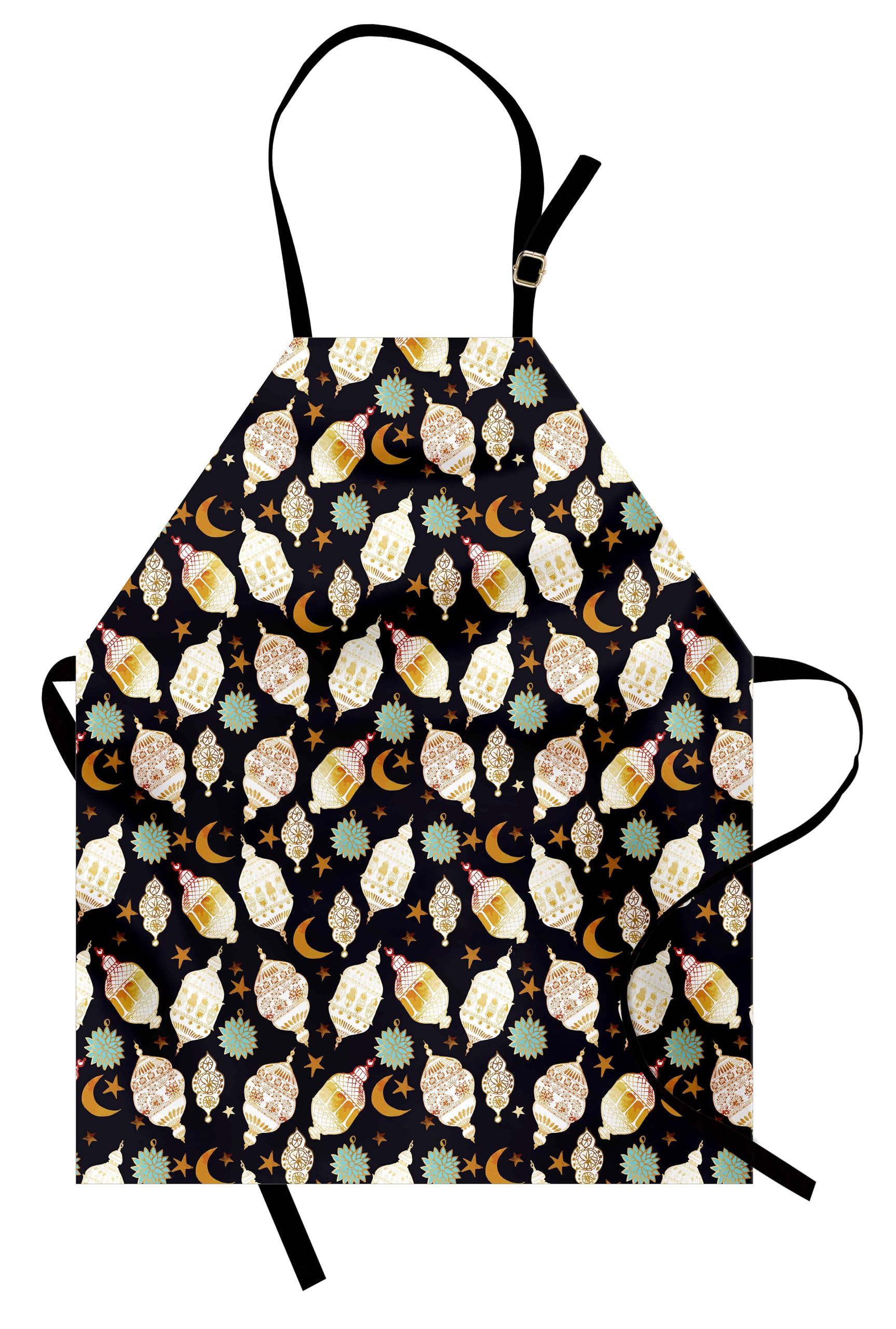Ambesonne Oriental Apron, Traditional Look Stars Flowers and Moon Cultural Pattern Print, Small Apron Bib with Adjustable Ties for Baking Painting, Small Size, Charcoal Grey and Multicolor