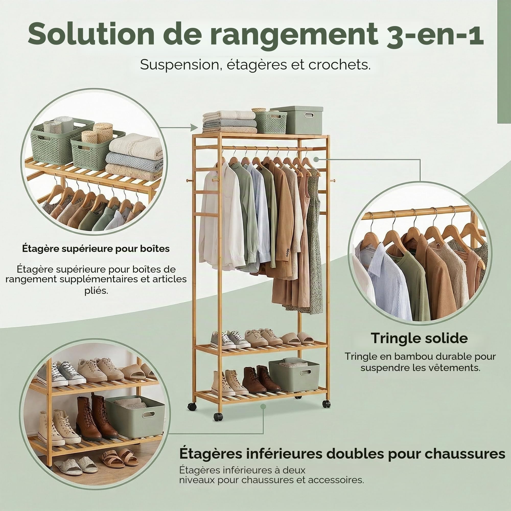 unho Porte Vêtements sur Pieds Roulant: Armoire Ouverte Penderie Bambou Porte Manteau et Chaussures avec 1 Barre et 4 Patères Idéal pour Maison Salon Chambre Entrée - 78x41x169cm