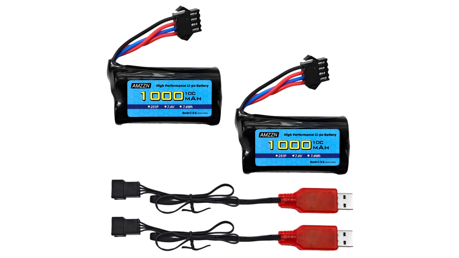 AMZZN 2x Batterie 7.4V 3000mAh 15C Li-ion SM-3P – Avec Chargeur USB – Pour RC DE43 DE60 Huina 1575