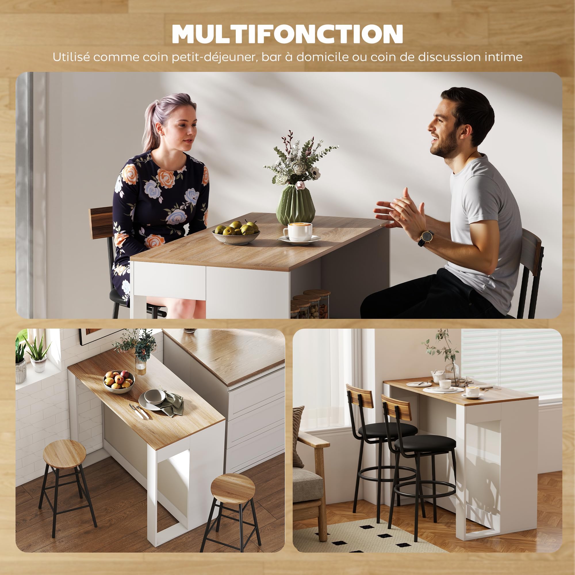 HOMCOM Table de Bar Table Haute Cuisine à 3 Niveaux 113 x 60 x 90 cm Blanc