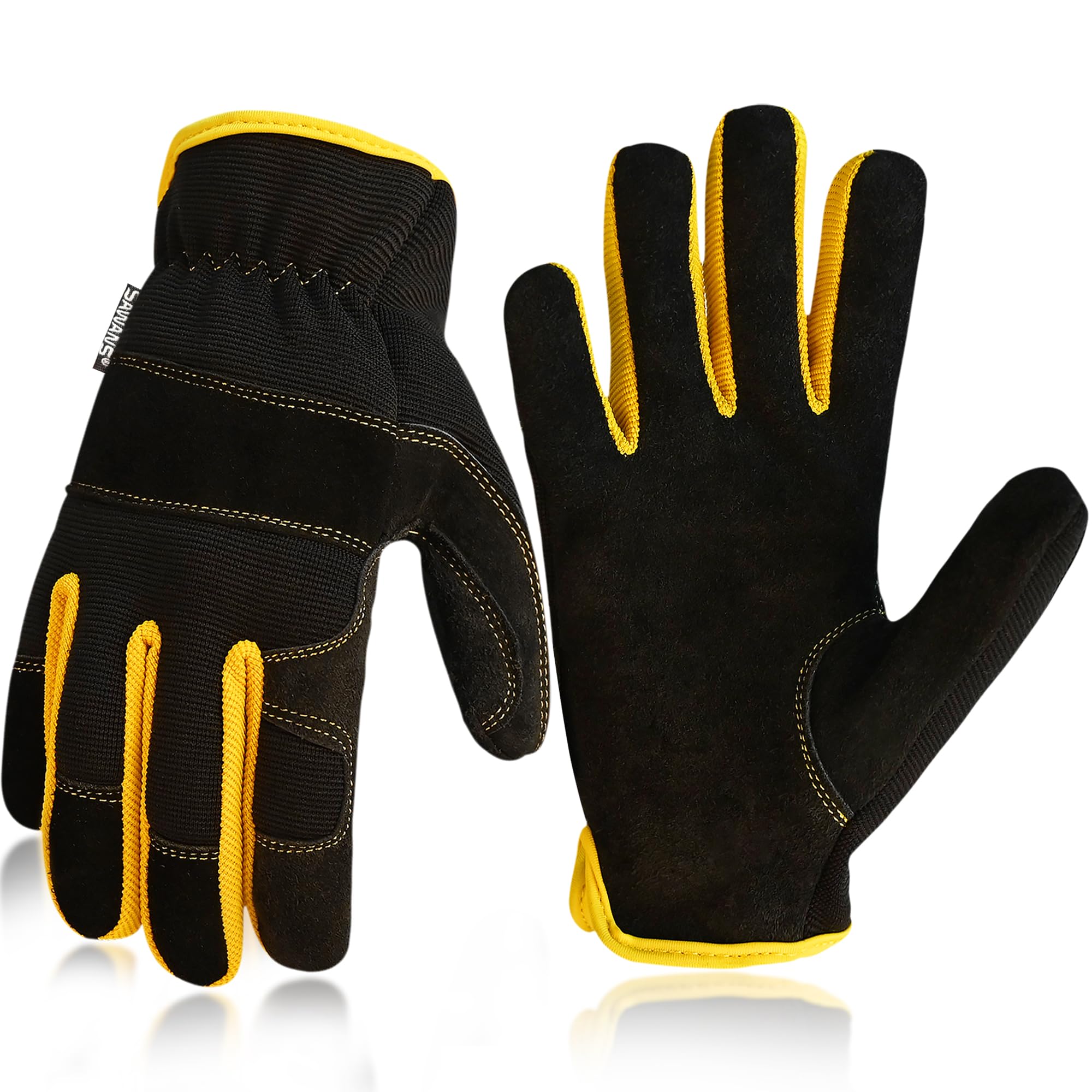 SAWANS Leather Gardening Gloves Men’s Women Work Gloves for Garden & Building Mechanic Construction Utility Flexible Palm Protection Touch Screen Breathable Safety Working Gloves (Black/Yellow, XL)