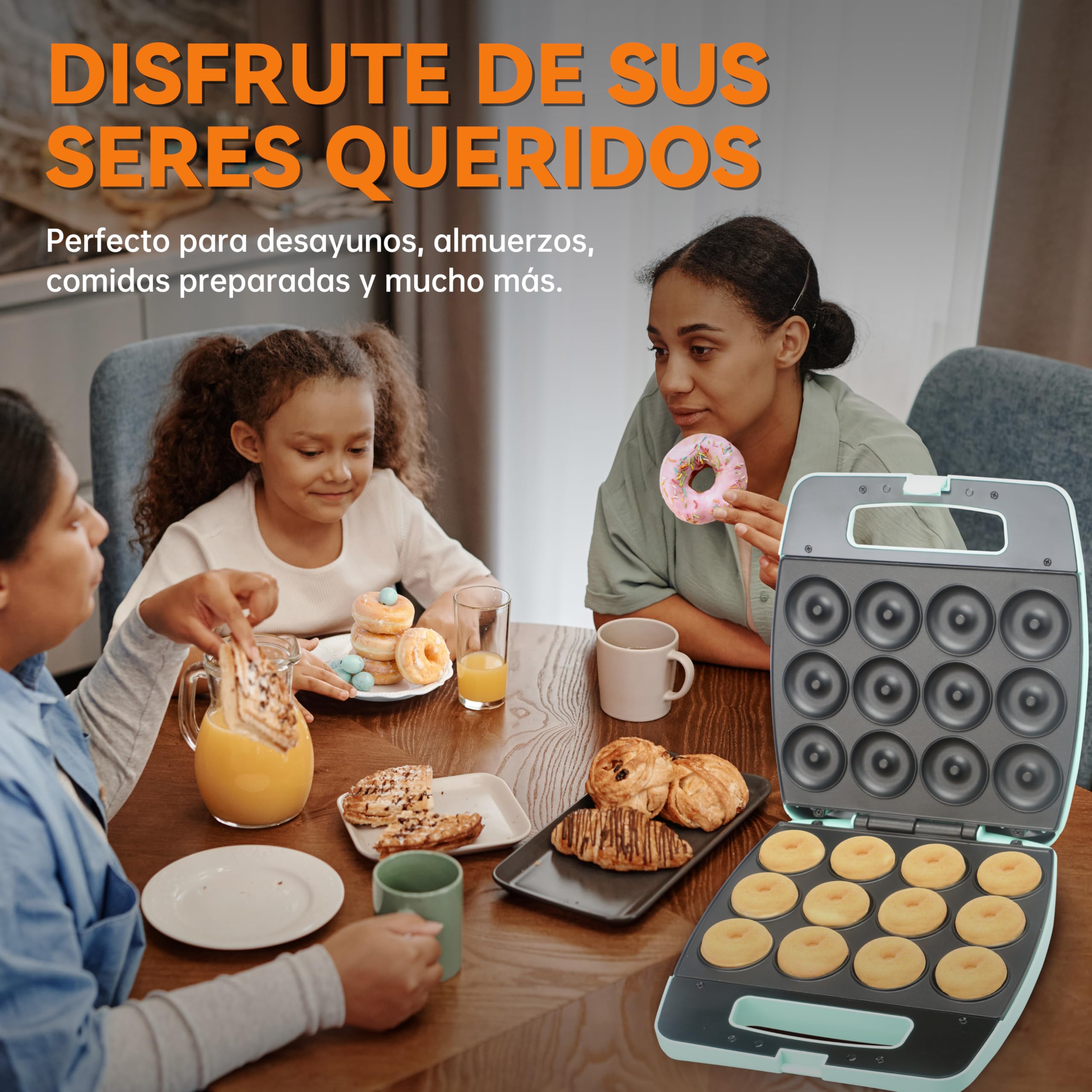 Baker's Friend, Mini máquina para hacer donuts, maquina donuts, donetes, hornea 12 mini donuts, perfectos para desayunos, meriendas, postres y mucho más, Aqua