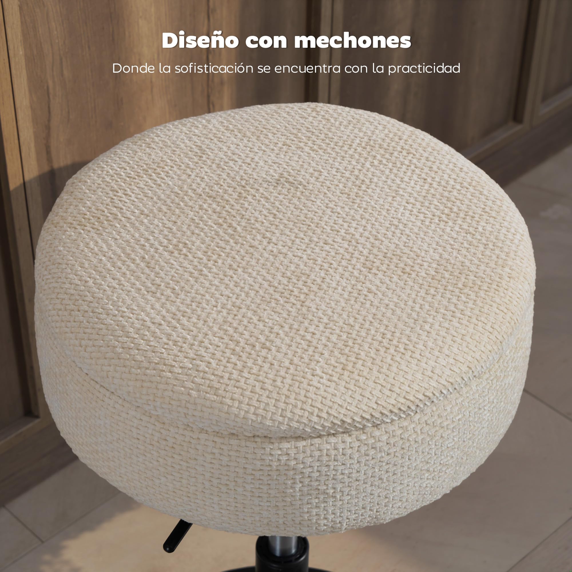 HOMCOM Taburete de Bar con Almacenaje, Altura Ajustable, Taburete de Cocina Redondo, Giratorio, Tapizado en Chenilla, Base de Acero, Diseño Botones, Acolchado, para Salón, Comedor, Oficina, Beige