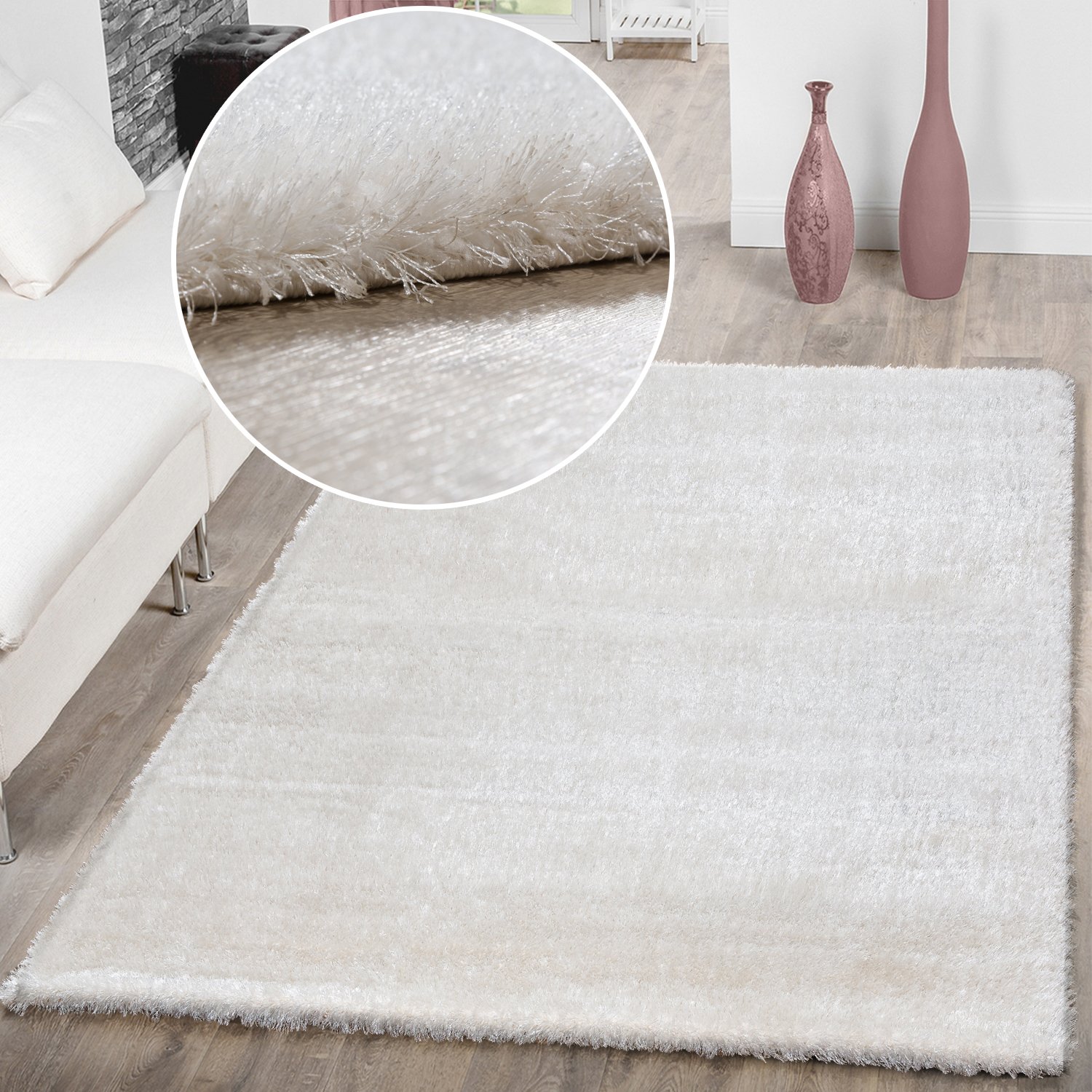 Alfombra para salón de pelo largo de T&T Design, moderna, elegante, suave y brillante en color blanco, polipropileno, 160 x 230 cm