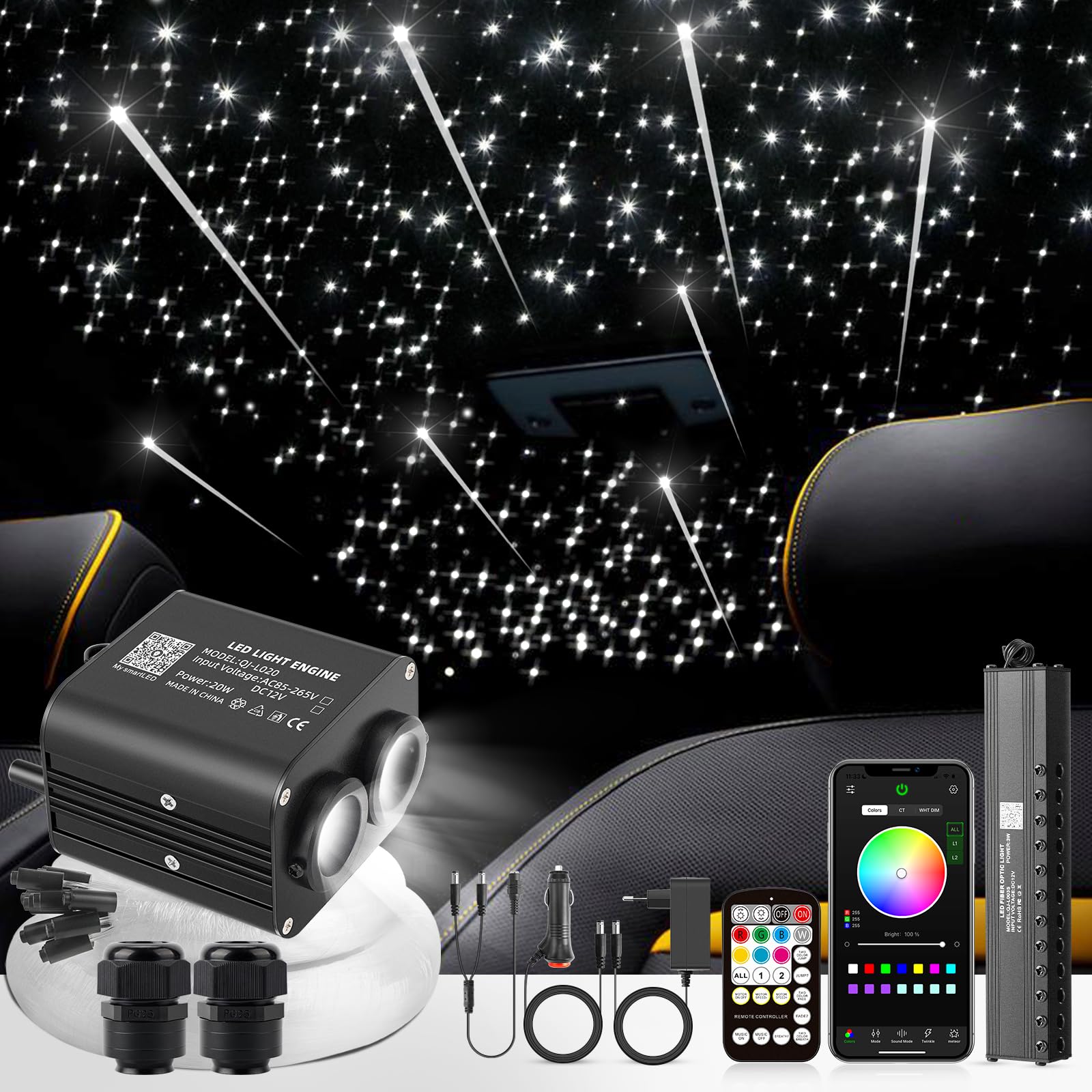 SUNKENET 20W Meteor Twinkle Sternenhimmel Auto, 1000pcs*0.75mm*4m Sternenhimmel Glasfaser mit Shooting Star Light Kit RGBW Bluetooth-APP/Fernbedienung Led Glasfaser Licht für Auto/Decke