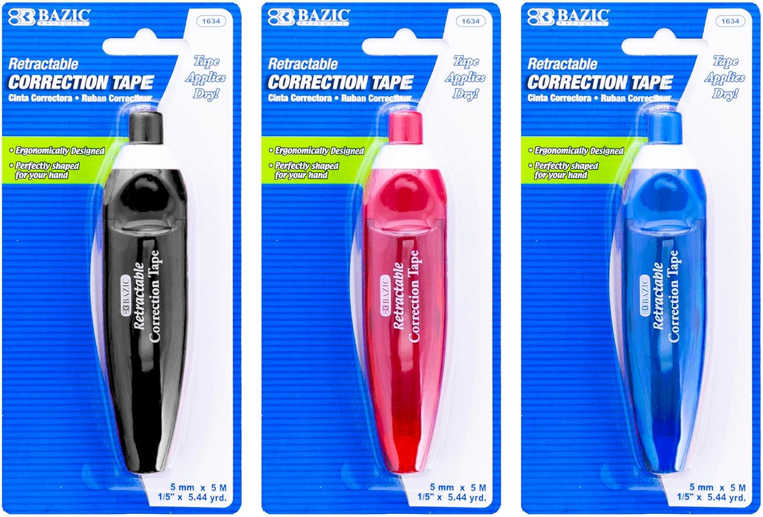BAZIC Products Retractable Correction Tape 5 mm x 196", Easy-to-Use Roller Applicator, White Correction Tape for Instant Mistake Fixing in Office, School & Home, 24-Pack